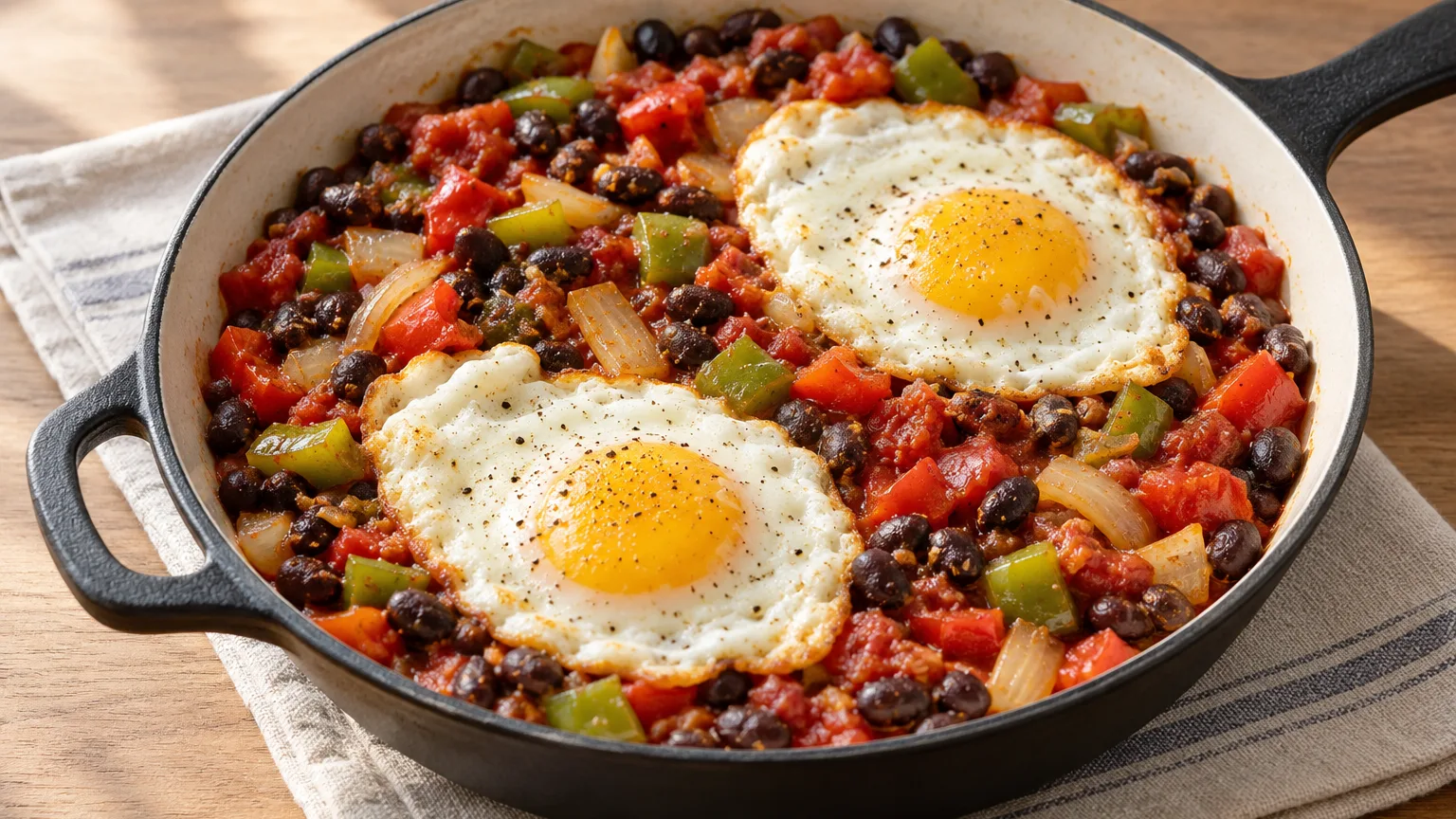 Beans, vegetables and eggs in one skillet prepared for serving — illustrative image