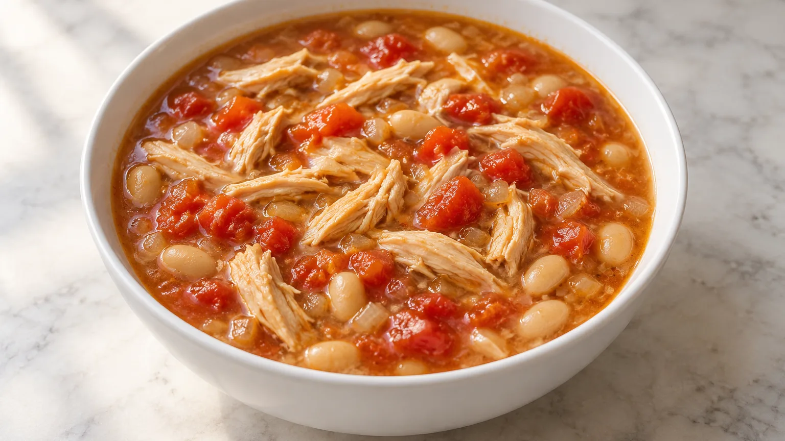 Cooked chicken, tomato and bean soup prepared for serving — illustrative image