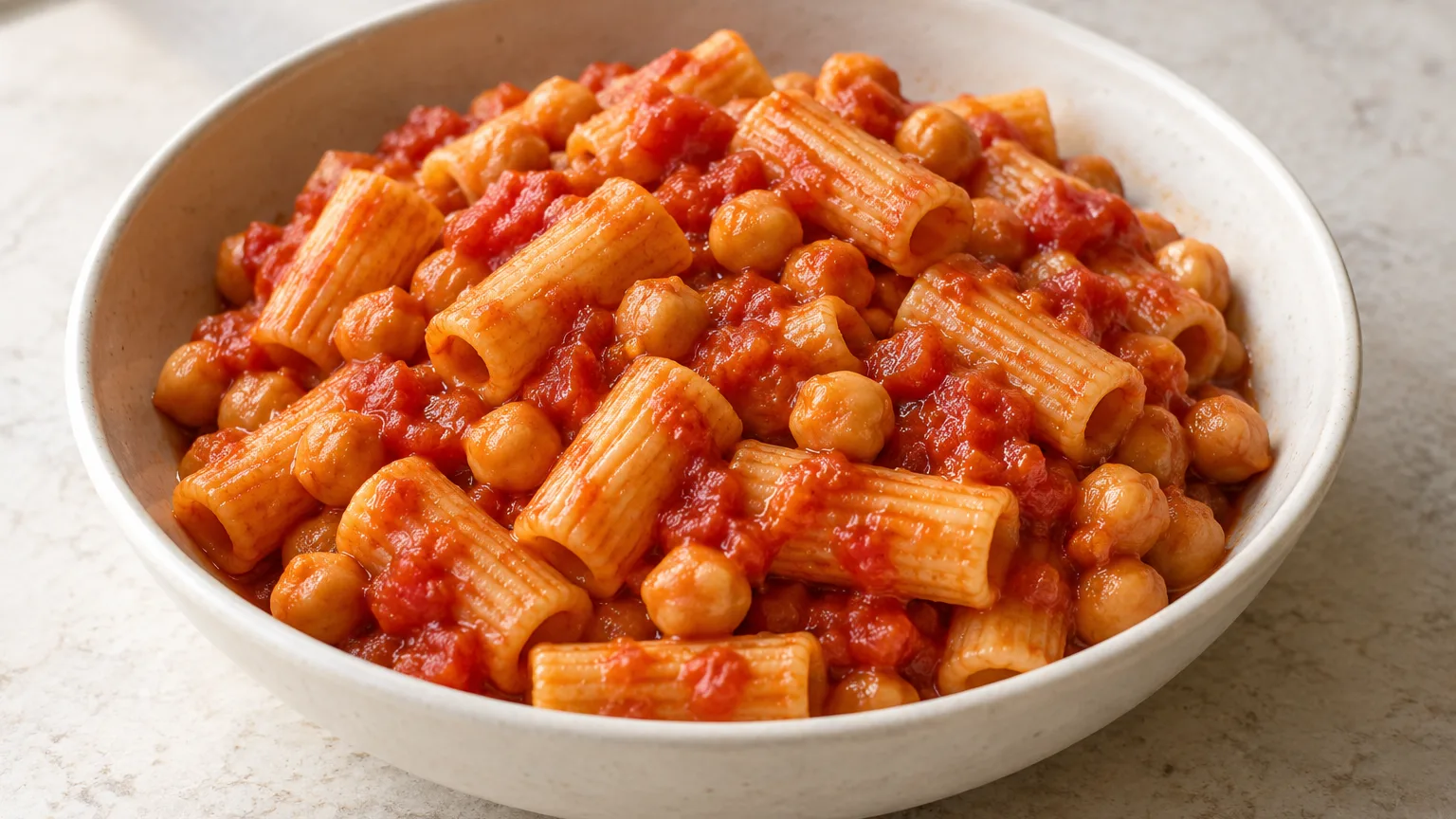 Tomato and chickpea pasta prepared for serving — illustrative image