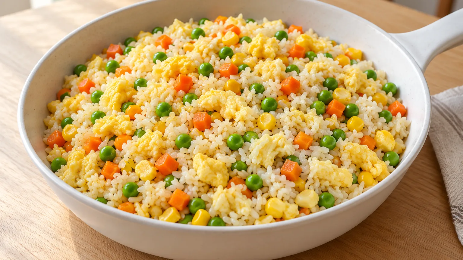 Egg, rice and vegetable skillet prepared for serving — illustrative image