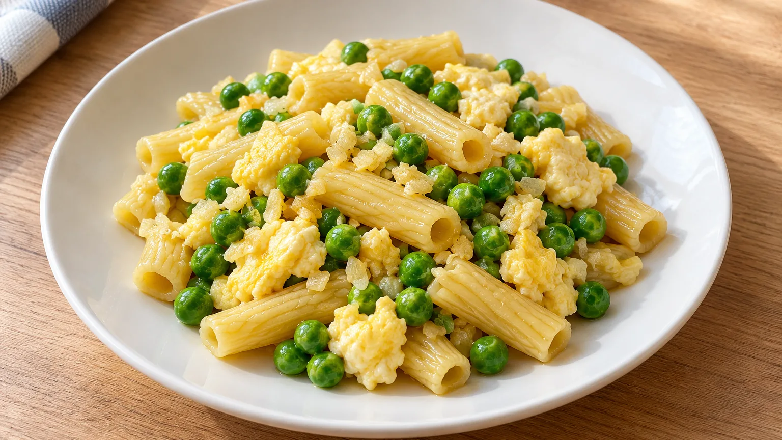 Five-ingredient pasta with eggs and peas prepared for serving — illustrative image