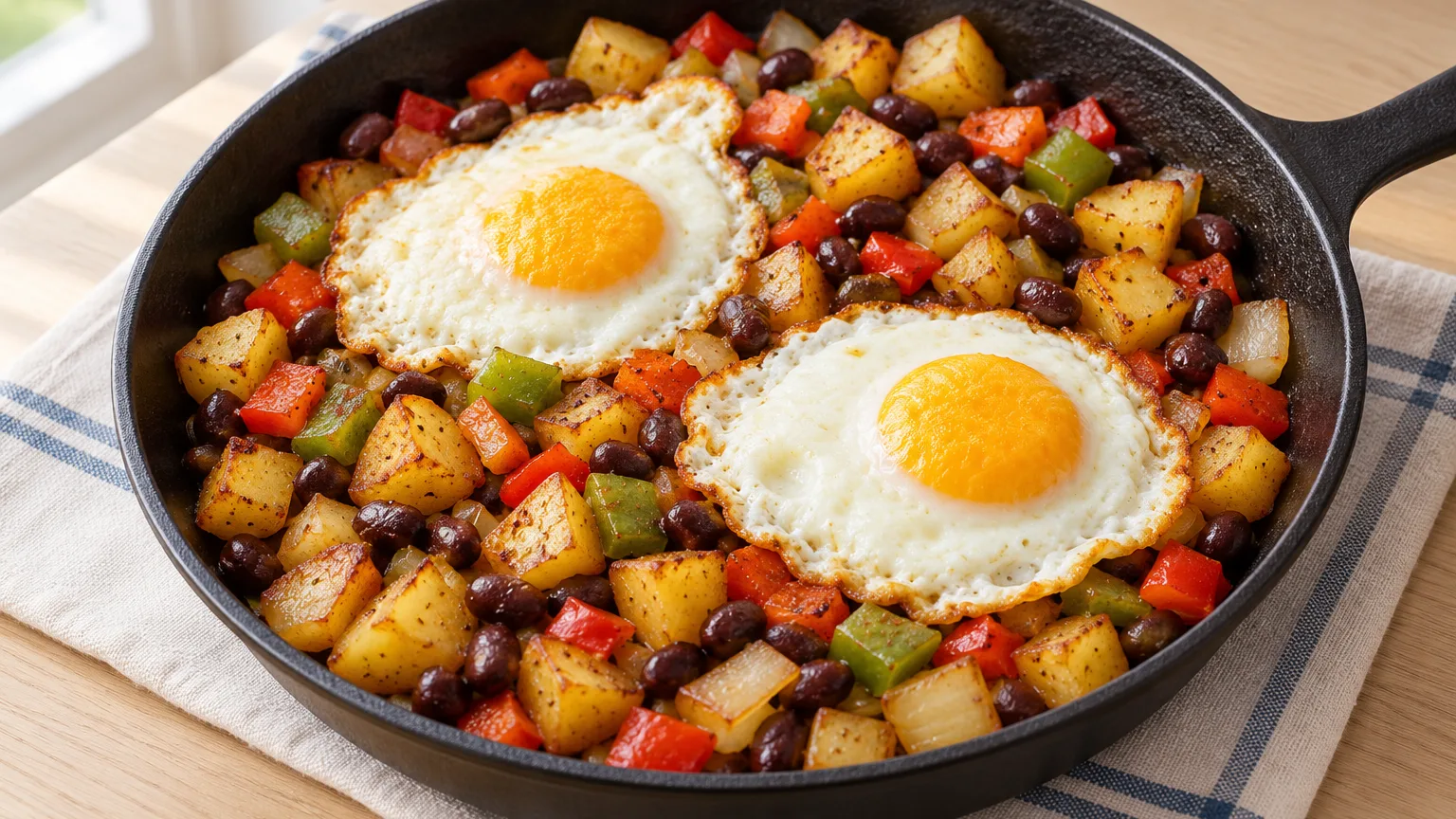 Potato, bean and egg skillet prepared for serving — illustrative image