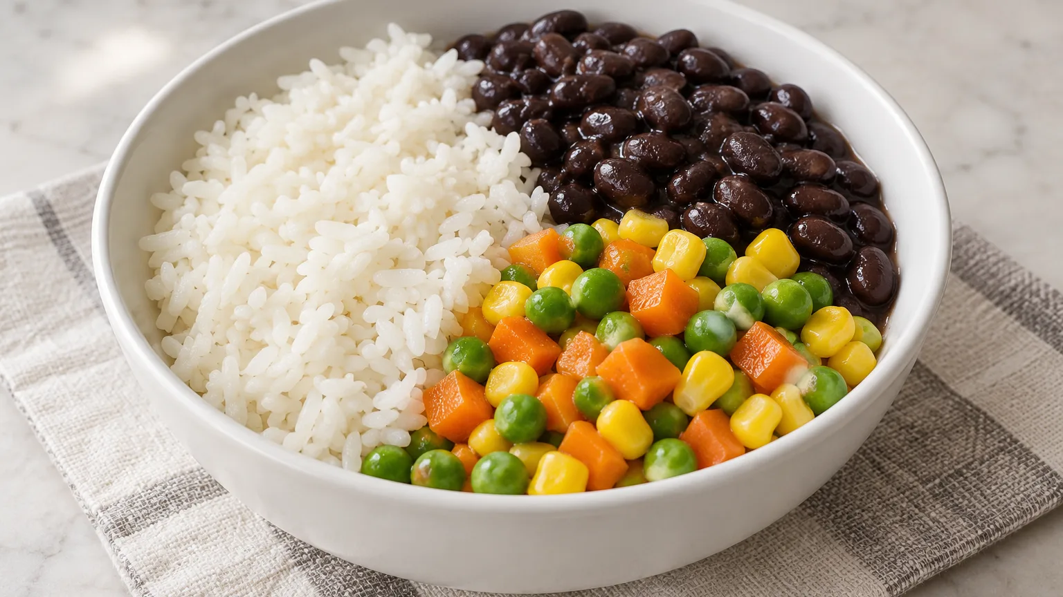 Rice and bean bowls with vegetables prepared for serving — illustrative image