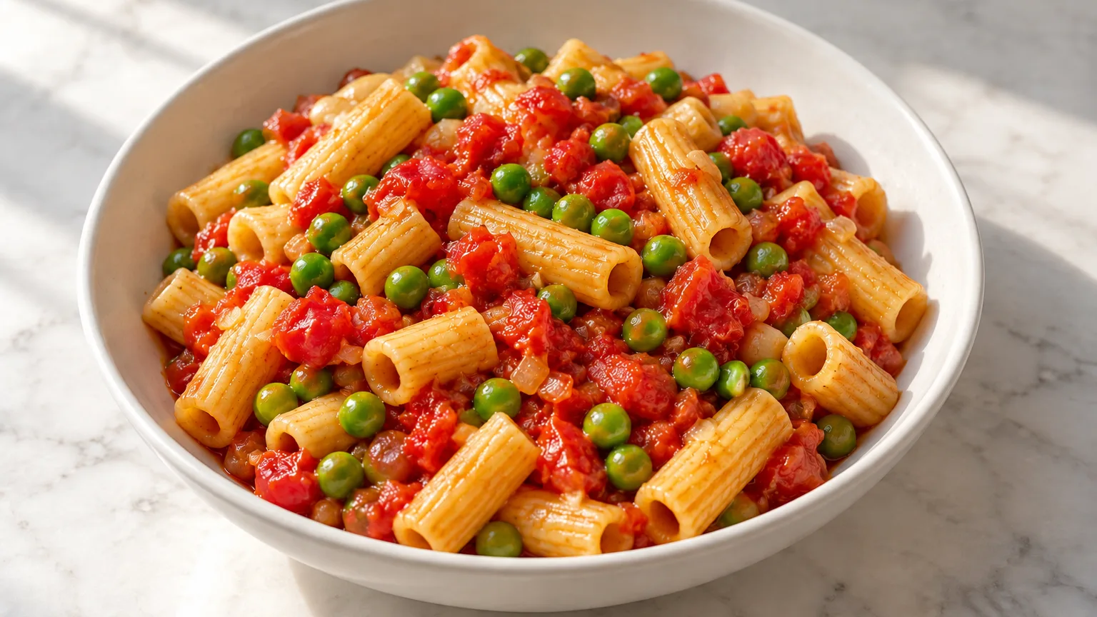 Pantry pasta with tomatoes and peas prepared for serving — illustrative image