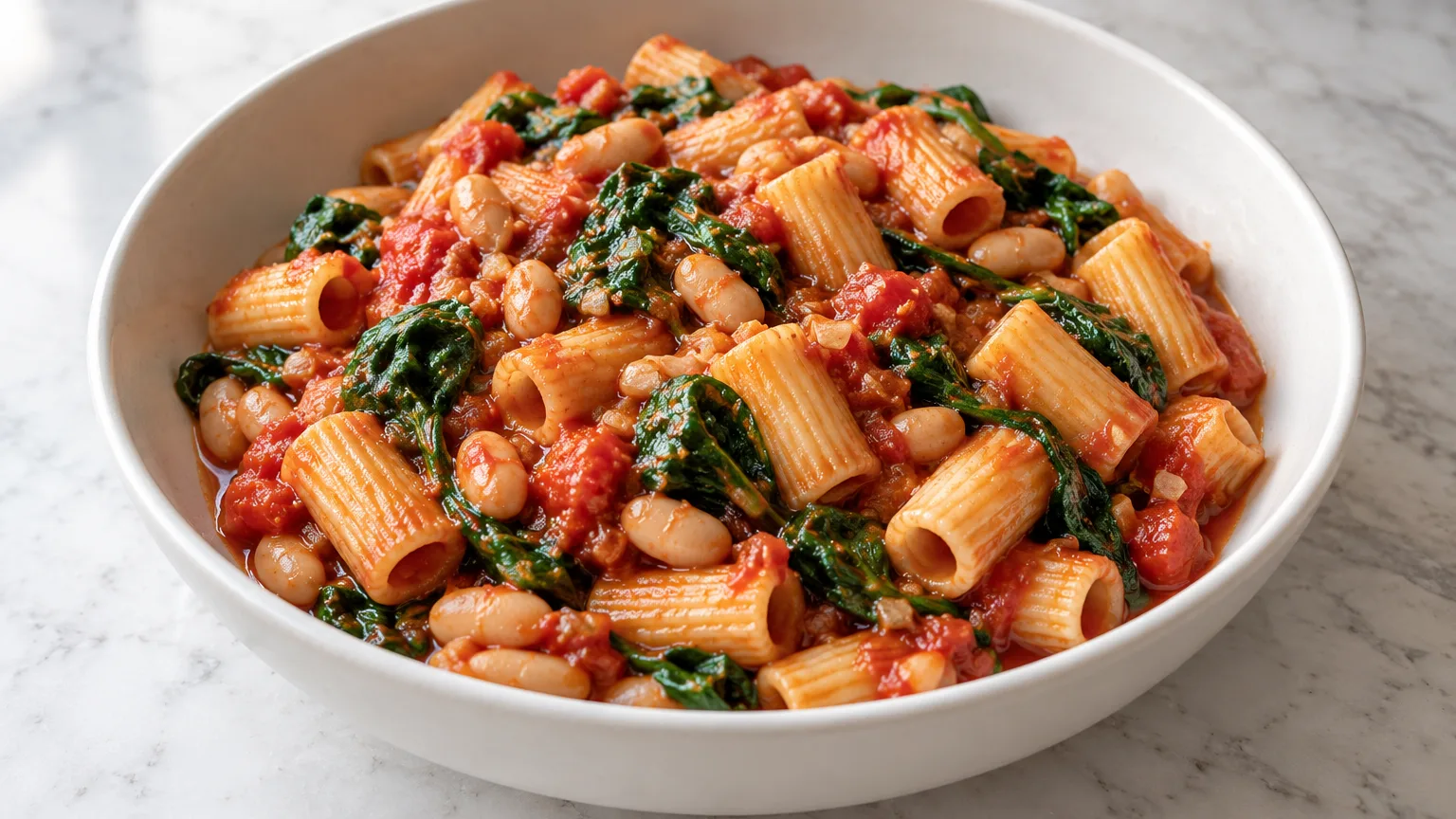 Tomato, white bean and spinach pasta prepared for serving — illustrative image