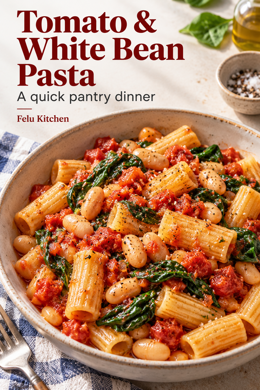 Generated illustration of rigatoni in tomato sauce with white beans and spinach, headed Tomato & White Bean Pasta.