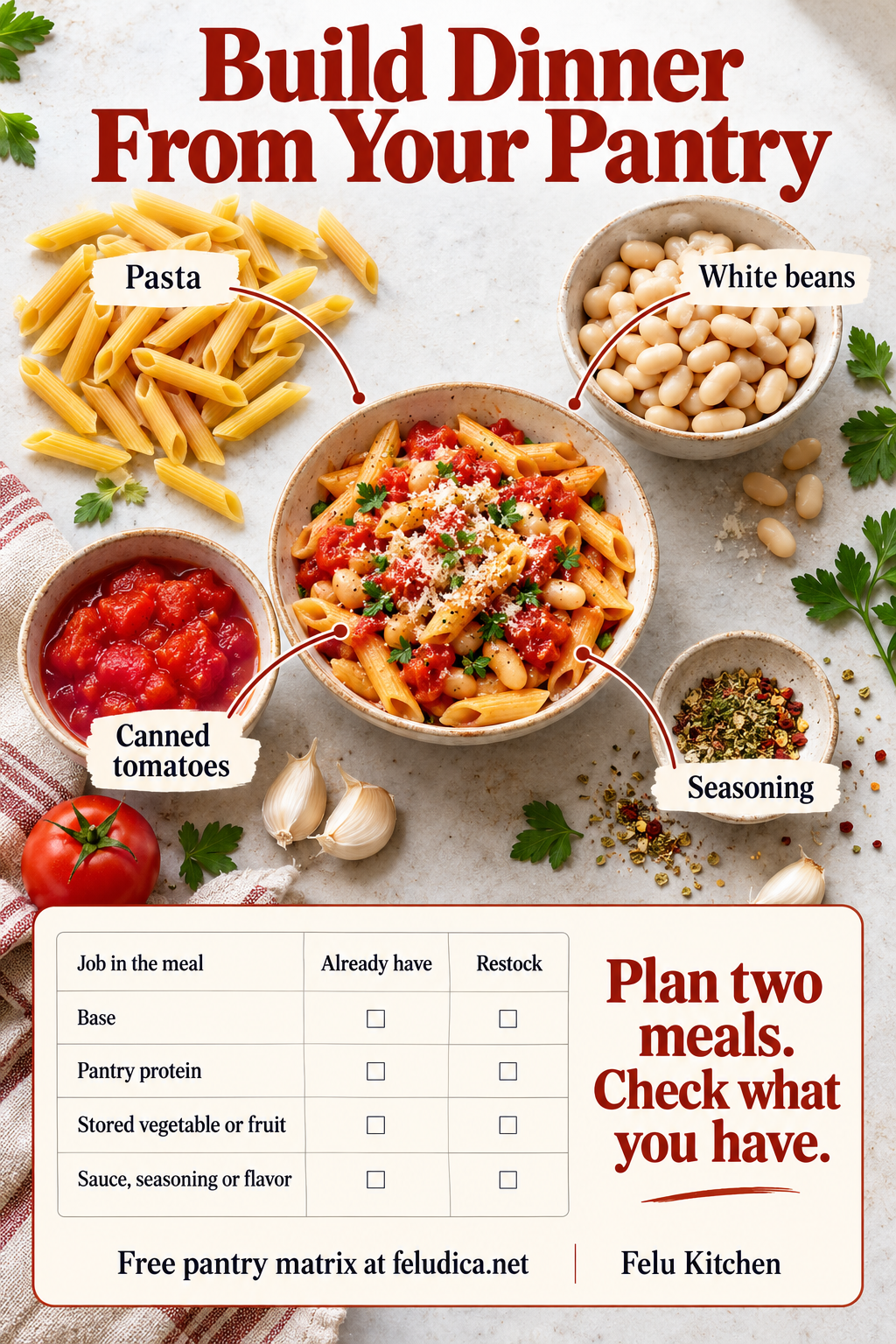 A pantry diagram links pasta, white beans, canned tomatoes and seasoning to dinner above a planning matrix.