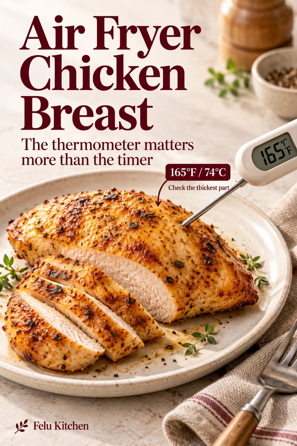Generated illustration of sliced cooked chicken breast with a probe thermometer and 165°F / 74°C; the heading explains that the thermometer matters more than the timer.