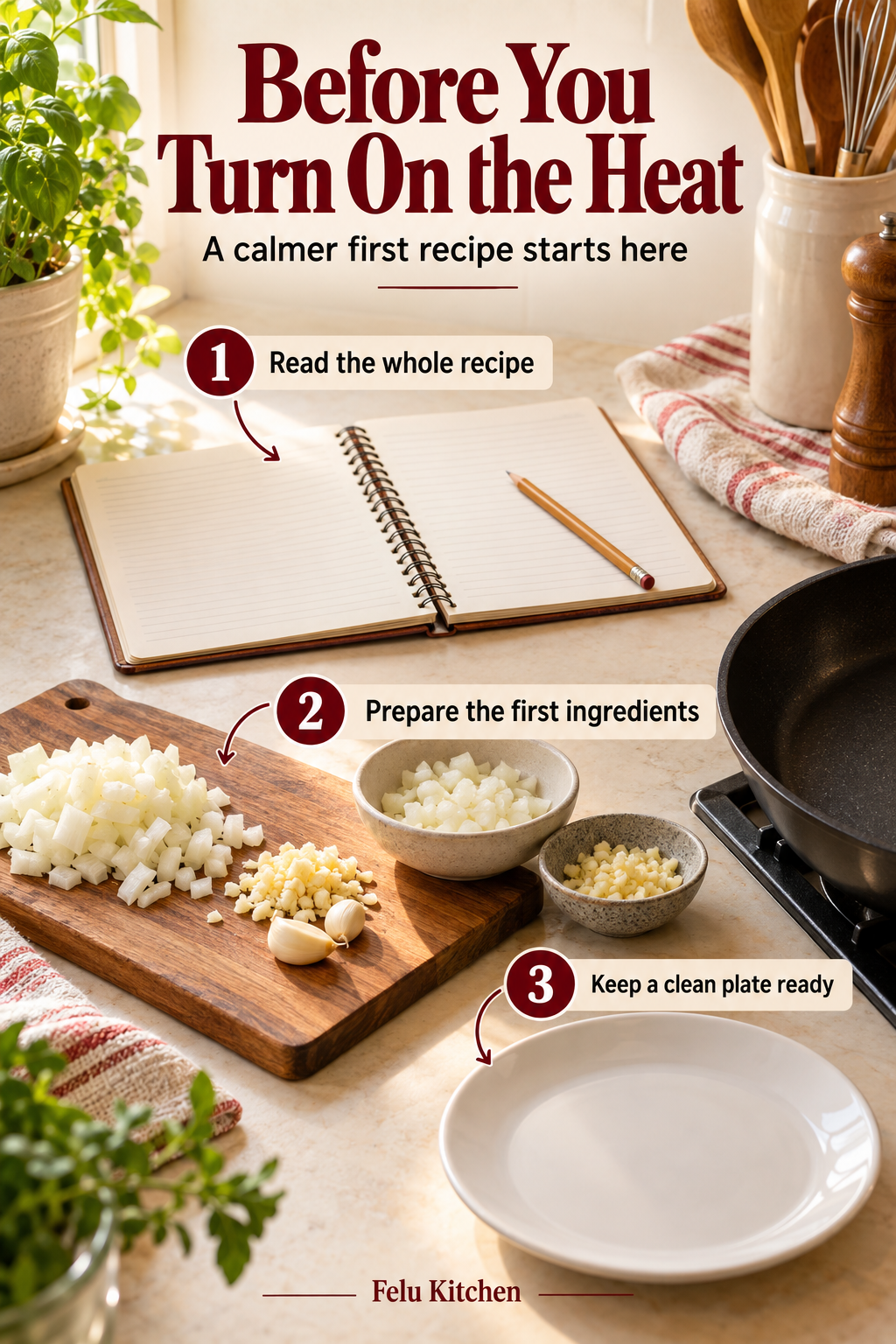 Three preparation steps are illustrated with a recipe notebook, chopped onion and garlic, and a clean serving plate.