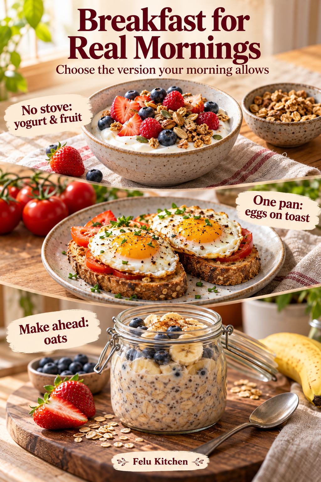 Three illustrated breakfasts: yogurt and fruit, cooked eggs on toast, and make-ahead oats, each with a corresponding label.