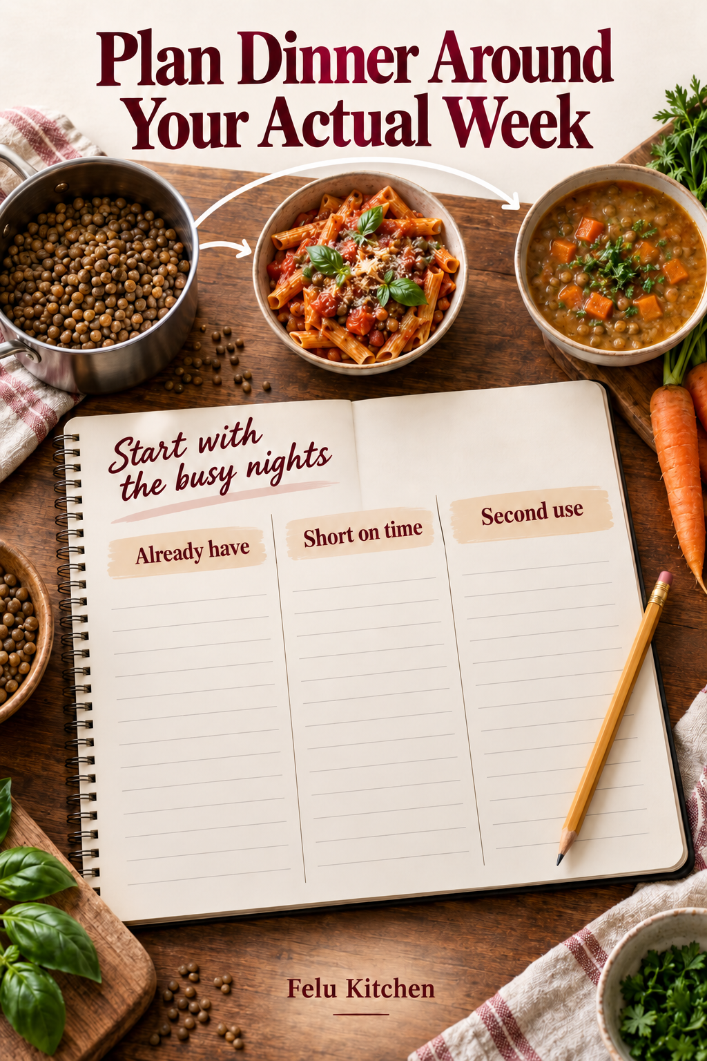 A pot of plain lentils branches to tomato pasta and carrot soup above a notebook with Already have, Short on time and Second use columns.