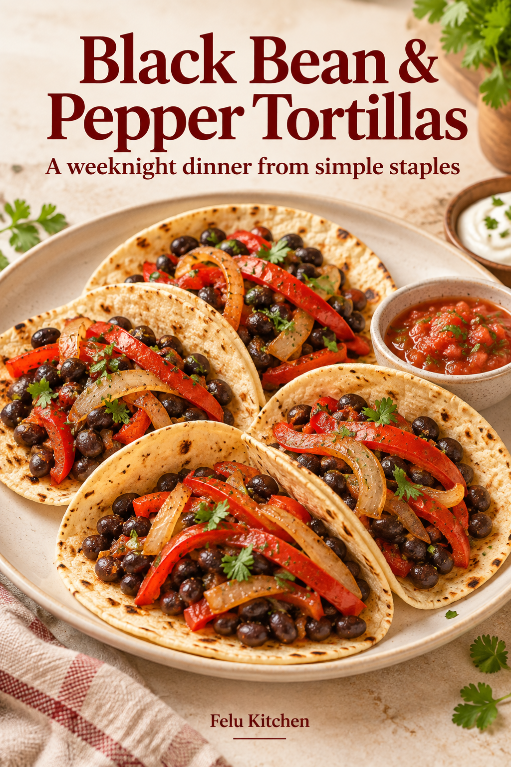 Generated illustration of four tortillas filled with black beans, red bell pepper and onion beside a small salsa bowl.