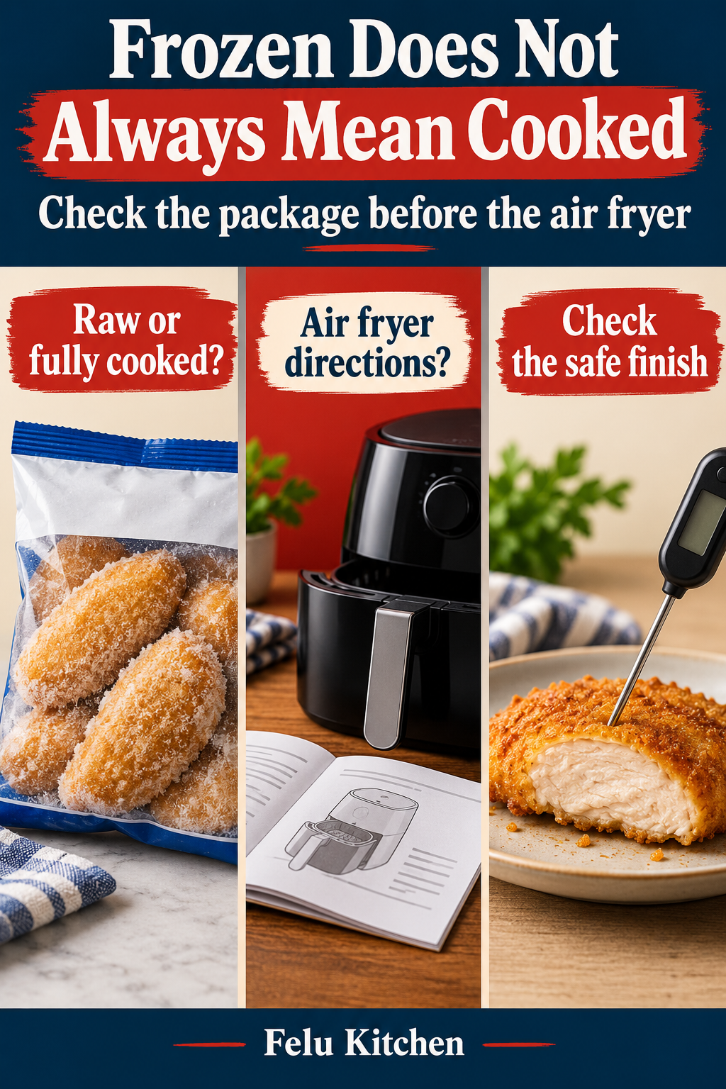 Three package checks for frozen food: raw or fully cooked, air fryer directions and a safe finish checked with a food thermometer.