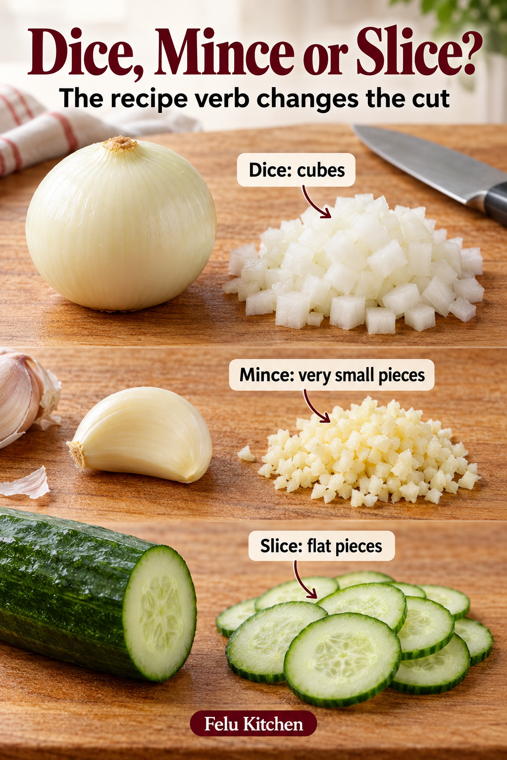 A cutting comparison shows diced onion cubes, minced garlic pieces and flat cucumber slices under their matching labels.