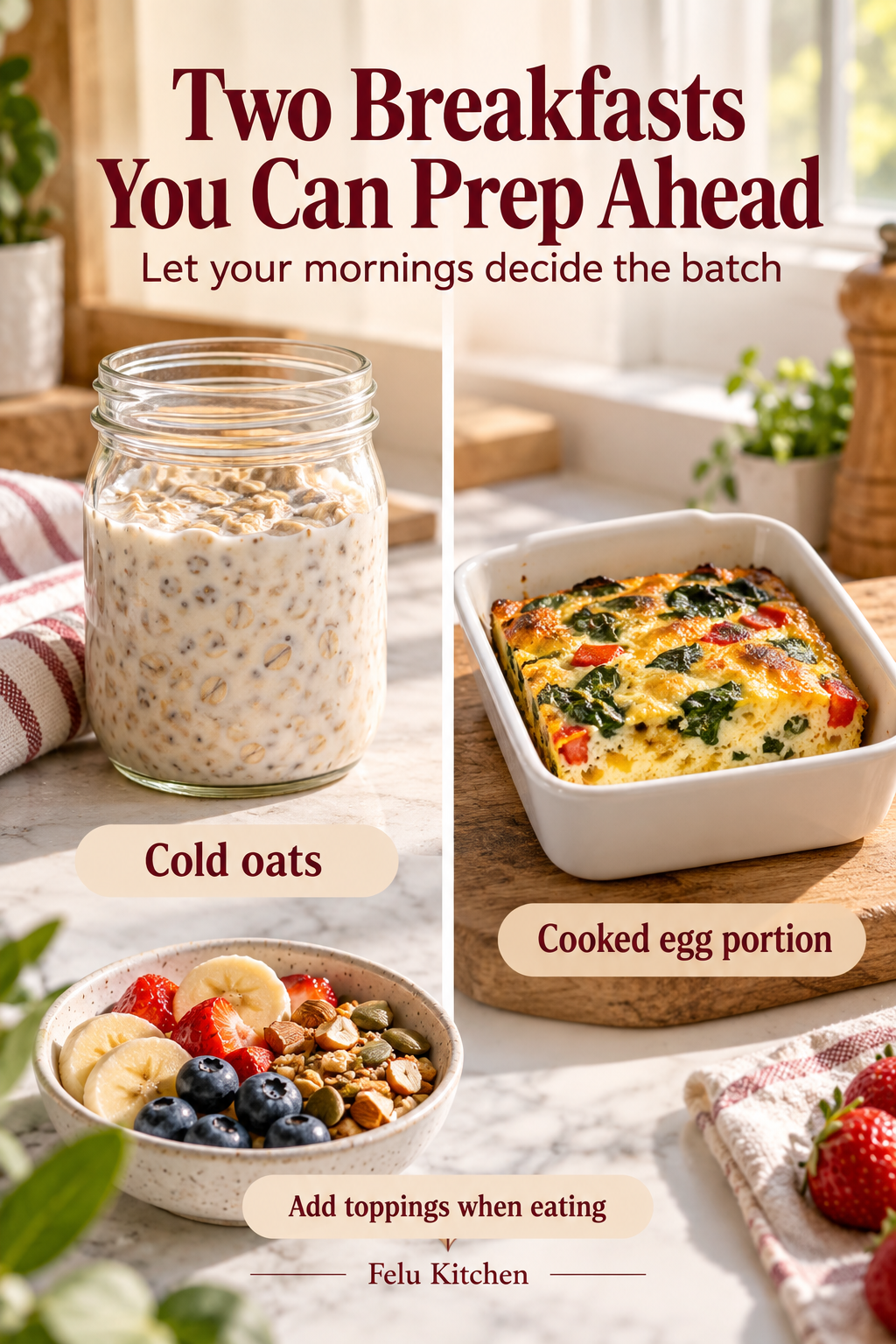 A jar of cold oats and a cooked egg-and-vegetable portion are compared, with fruit and nut toppings in a separate bowl.