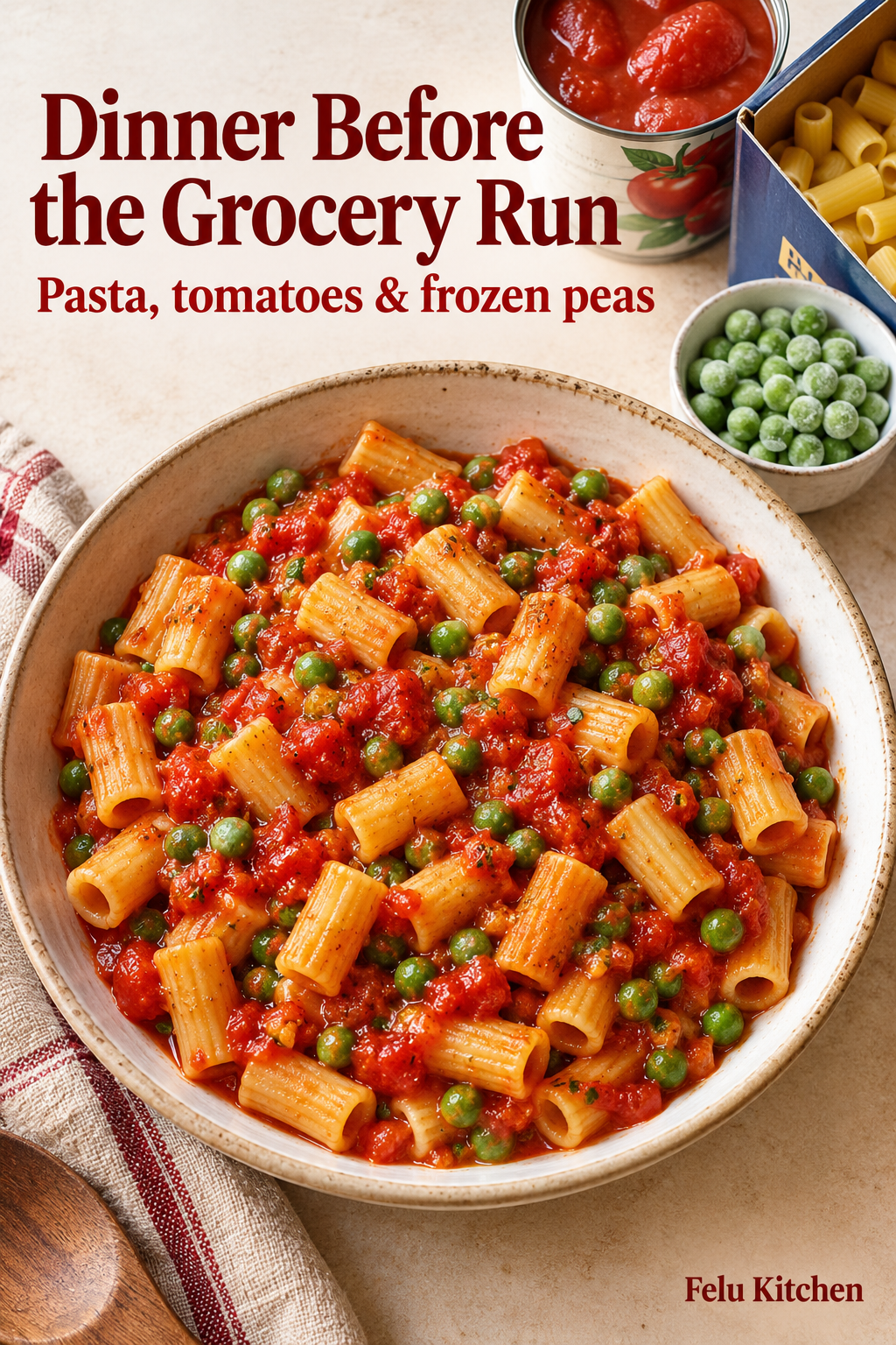 Generated illustration of short pasta in tomato sauce with green peas, alongside dry pasta, canned tomatoes and frozen peas.