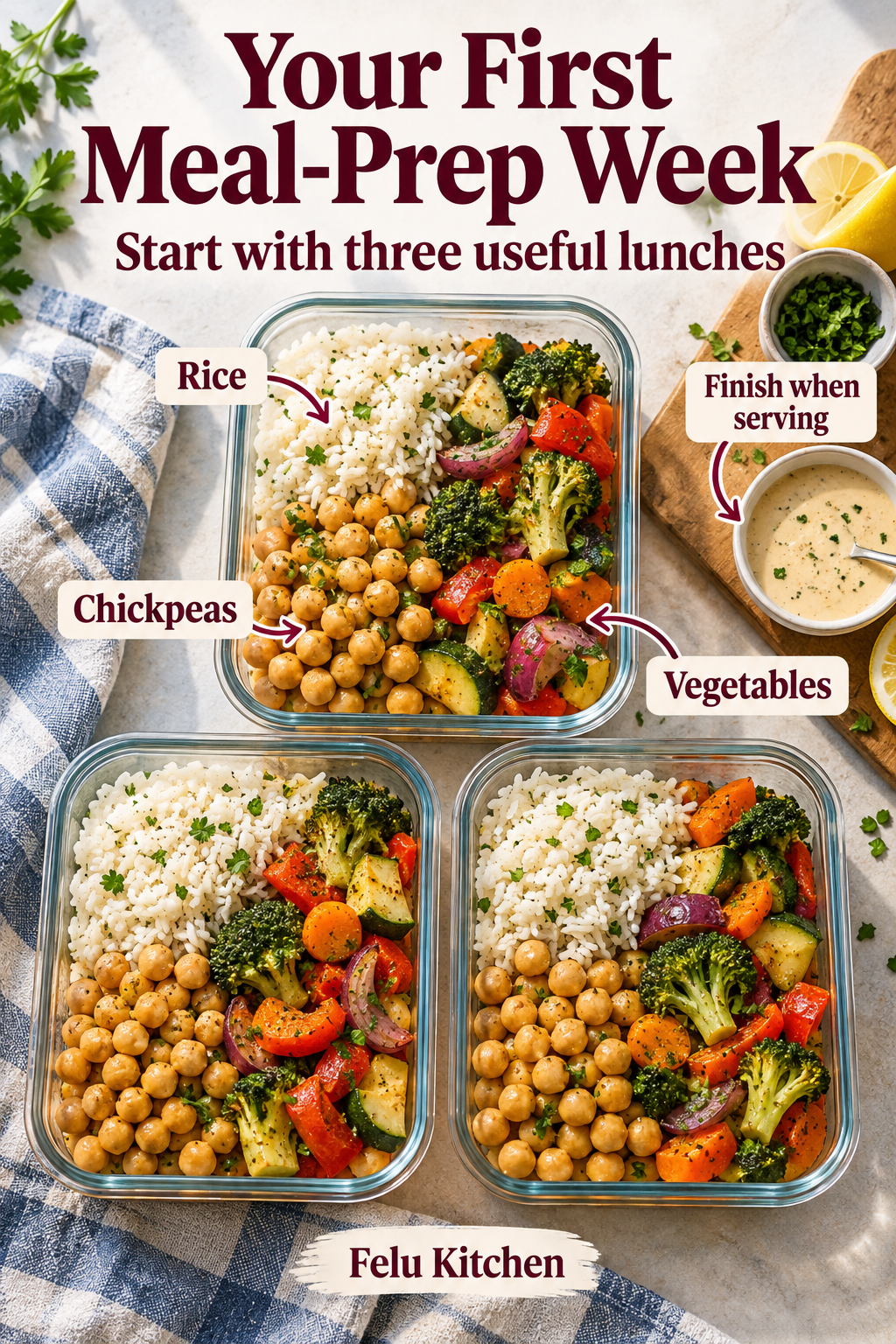 Three shallow lunch containers hold rice, chickpeas and cooked vegetables, with a separate sauce labeled Finish when serving.