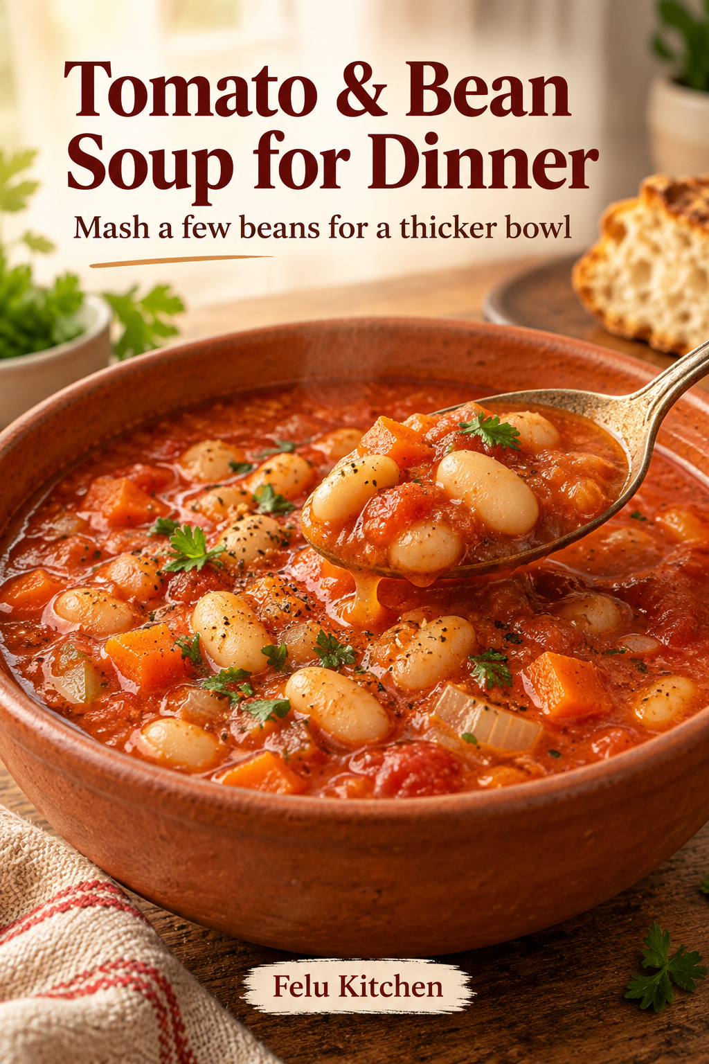 A spoon lifts white beans and tomato-carrot soup from a terracotta bowl; the heading suggests mashing beans to thicken the soup.