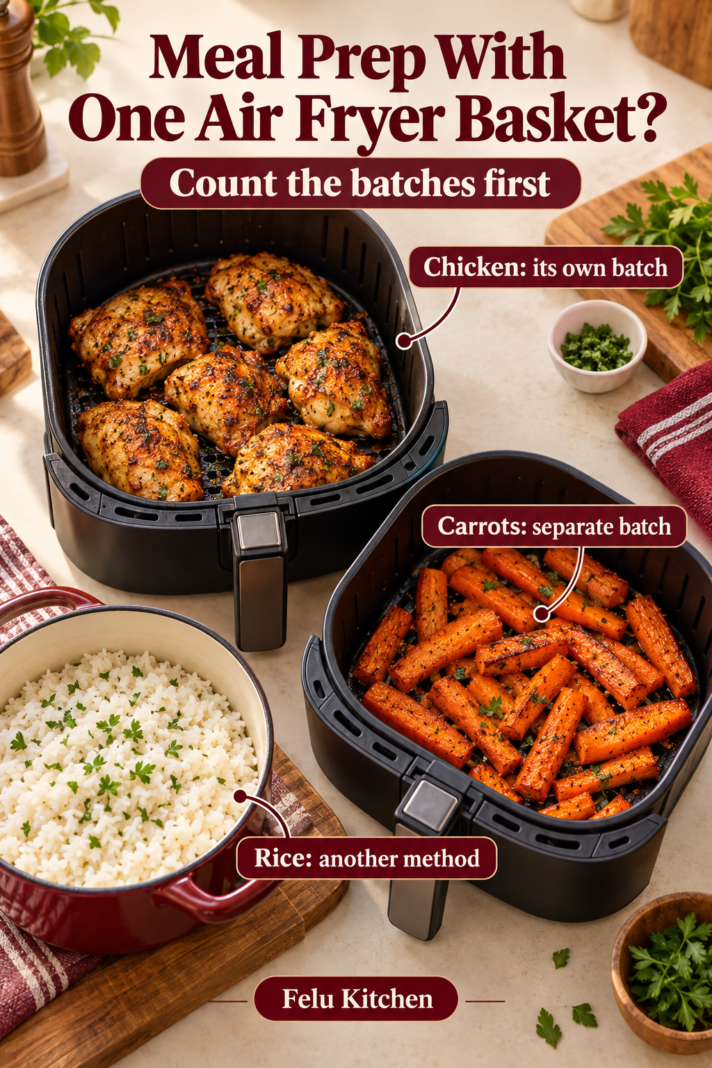 Separate basket views show cooked chicken and roasted carrots, while rice sits in a stove pot; labels explain planning separate batches.