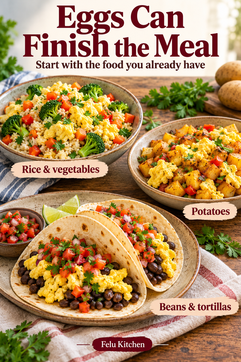 Three egg meal illustrations pair cooked scrambled eggs with rice and vegetables, potatoes, or beans inside tortillas.