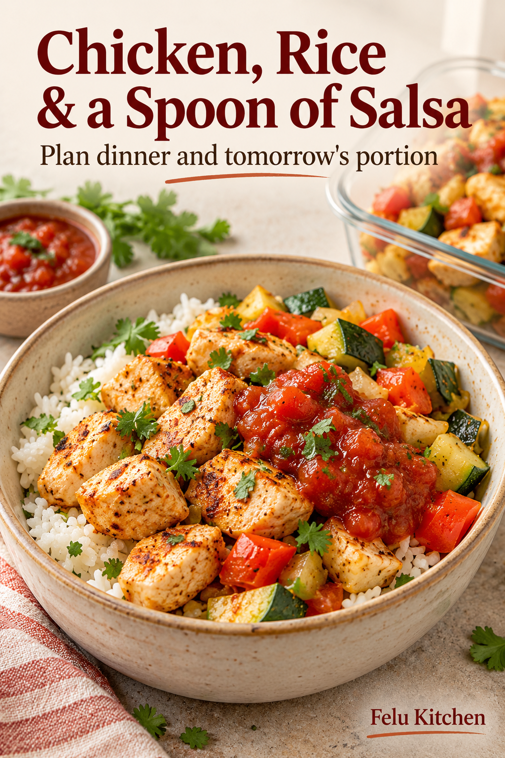A bowl of cooked chicken, rice and vegetables topped with salsa sits in front of an extra shallow lunch portion.