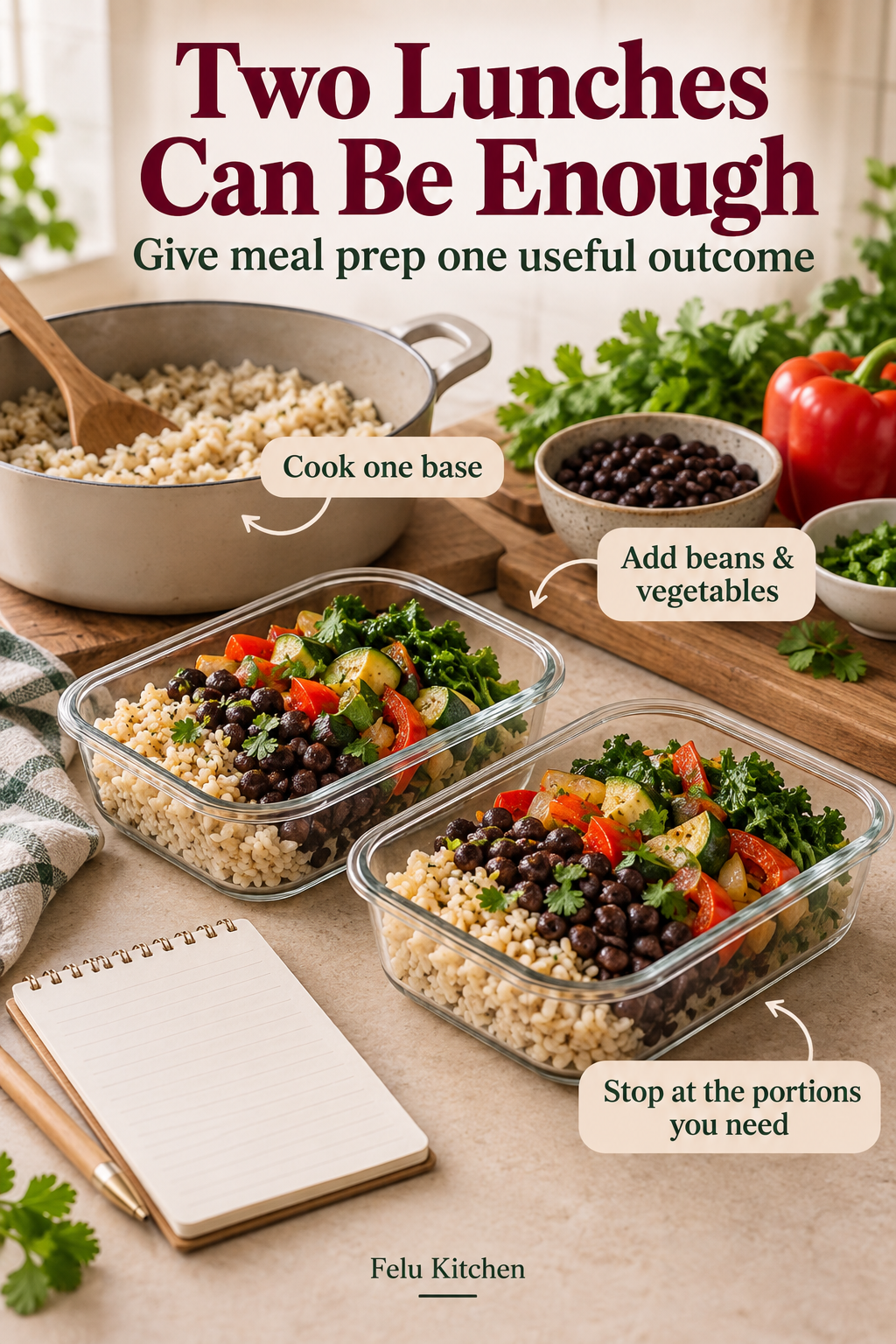 Exactly two rice-and-bean vegetable lunch containers illustrate a small meal-prep session, with labels for a base, beans and vegetables, and the portions needed.