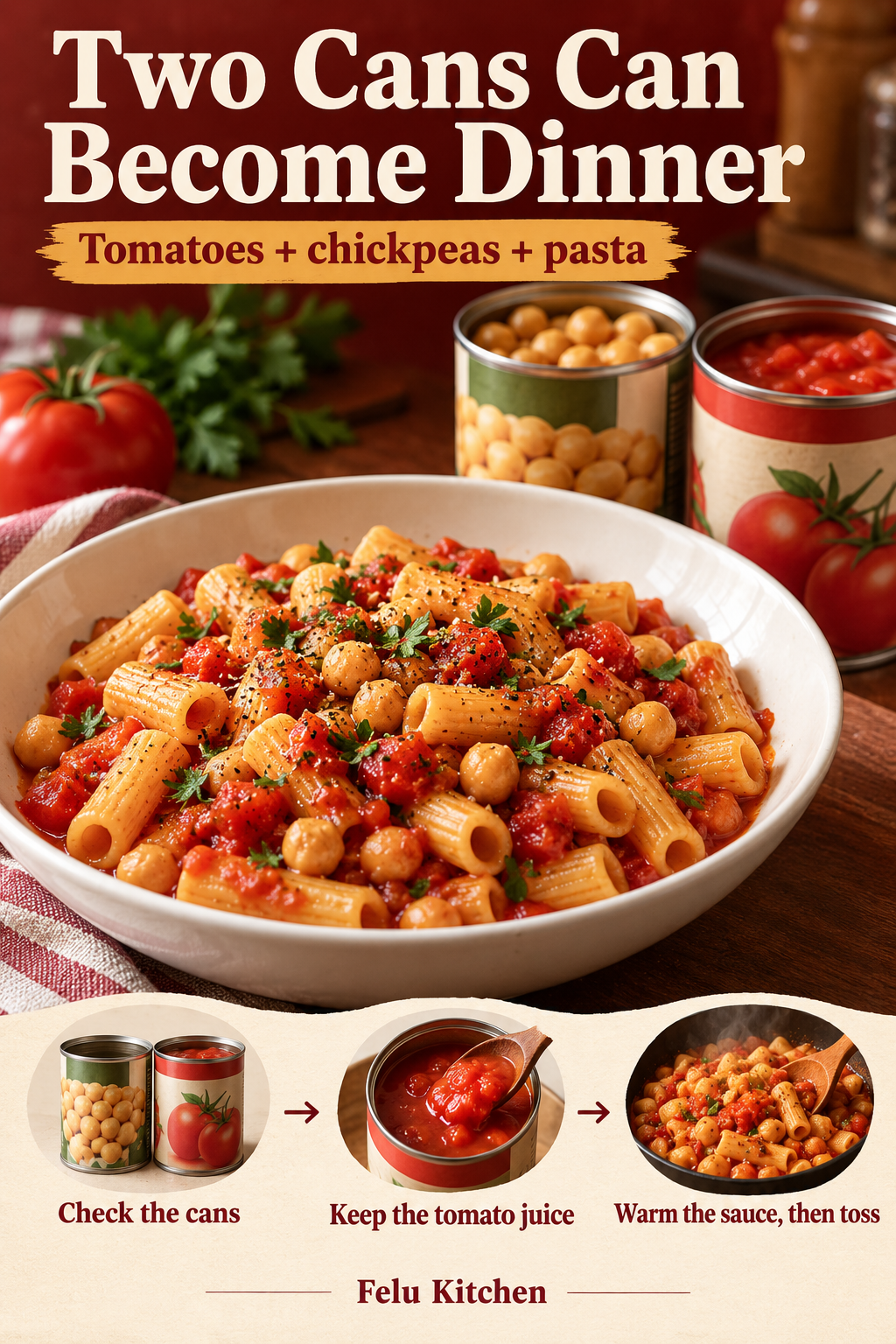 Tomato and chickpea pasta is shown with two cans and three steps: check the cans, keep the tomato juice, and warm the sauce before tossing.