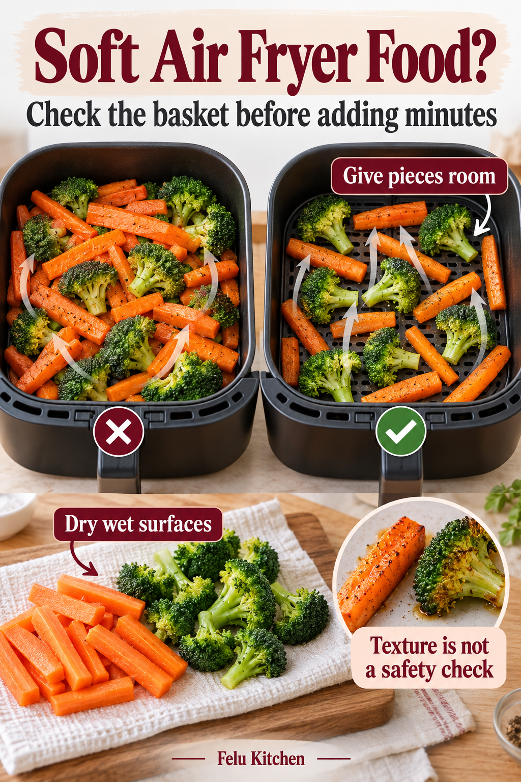 A crowded vegetable basket is compared with a loose layer; another panel shows drying washed vegetables and notes that texture is not a safety check.