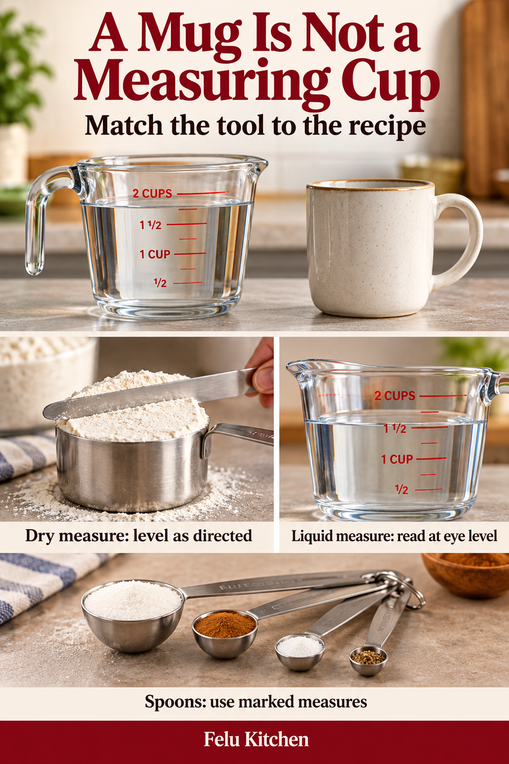 A marked liquid measuring cup is compared with a mug, then dry-measure leveling, eye-level liquid reading and measuring spoons are illustrated.