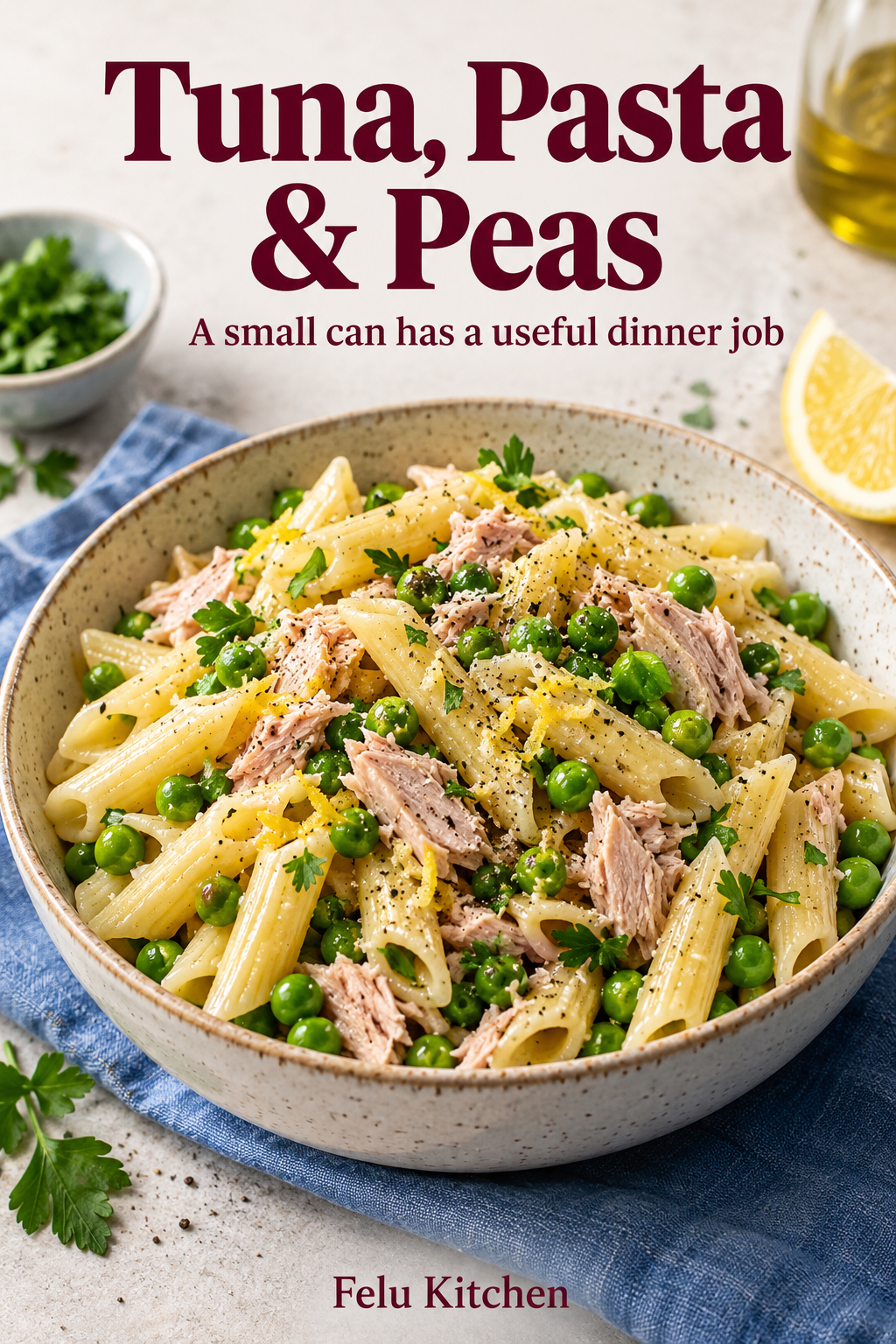 Generated illustration of pasta with flaked cooked canned tuna and peas, finished with olive oil and lemon.