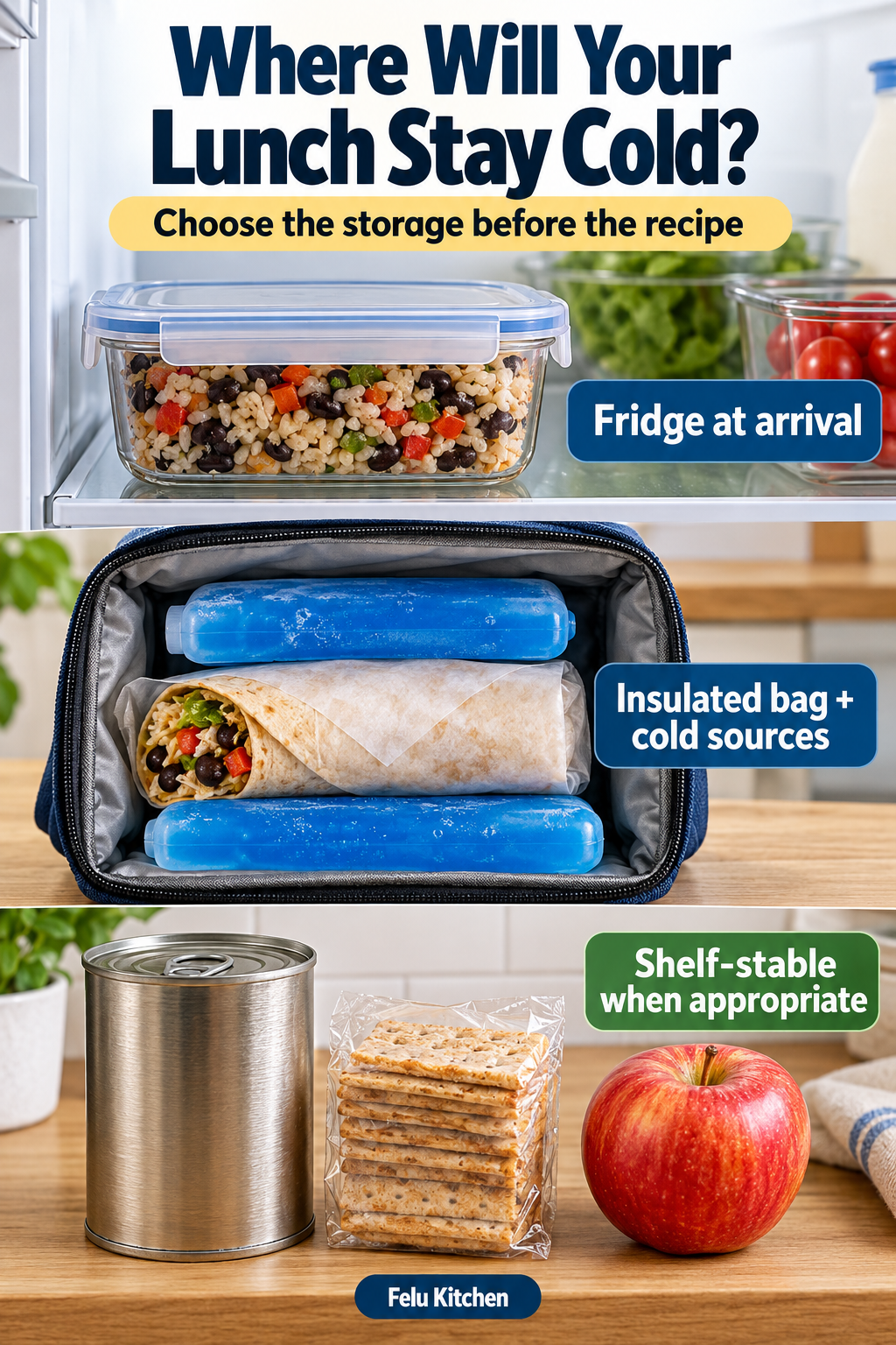 Three lunch-storage arrangements show a refrigerator, an insulated bag with cold sources around perishable food, and unopened shelf-stable foods.