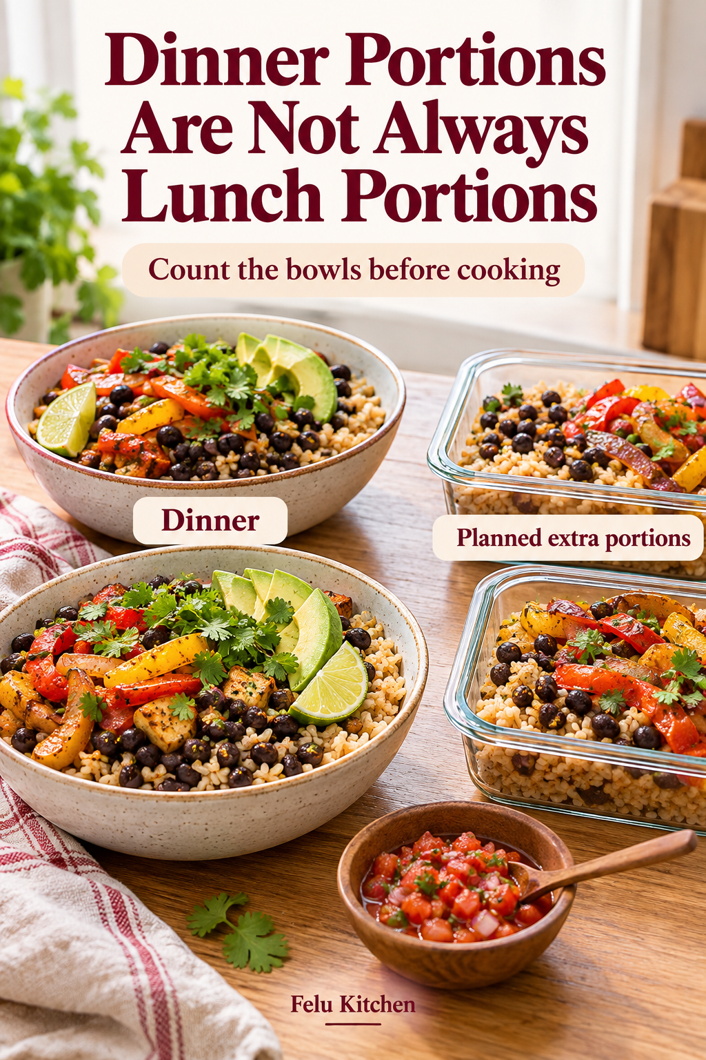 Rice-and-bean dinner bowls are compared with separate planned lunch containers, emphasizing counting extra portions before cooking.