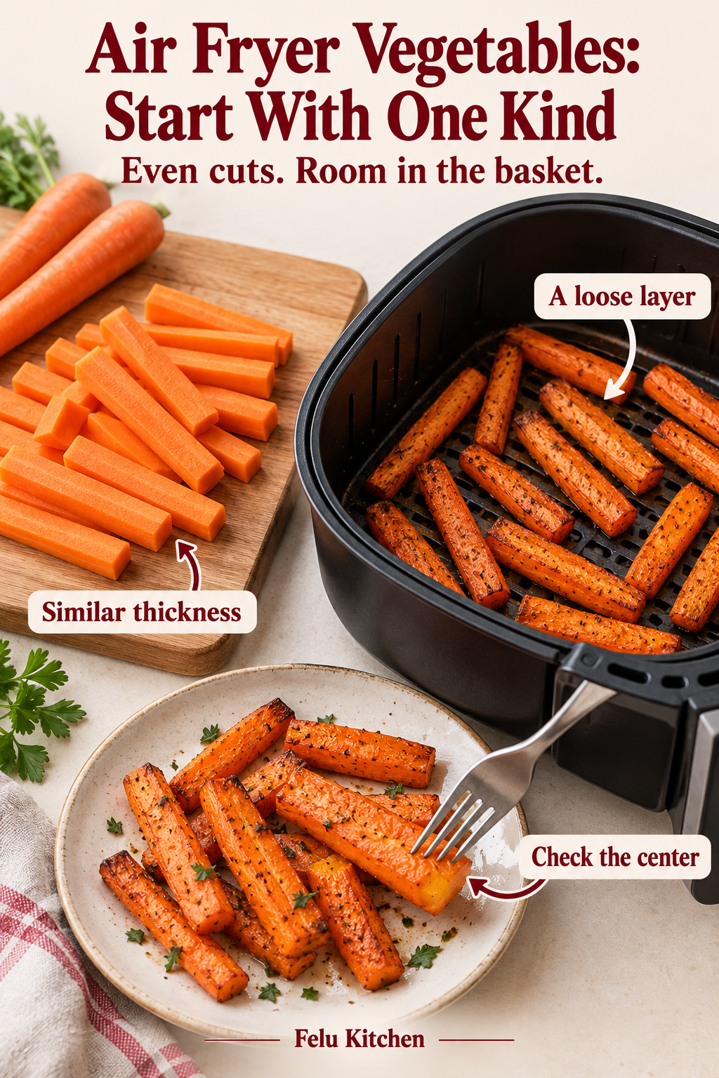 Carrot pieces of similar thickness, an uncrowded air fryer basket and a fork checking a cooked carrot illustrate a first vegetable batch.