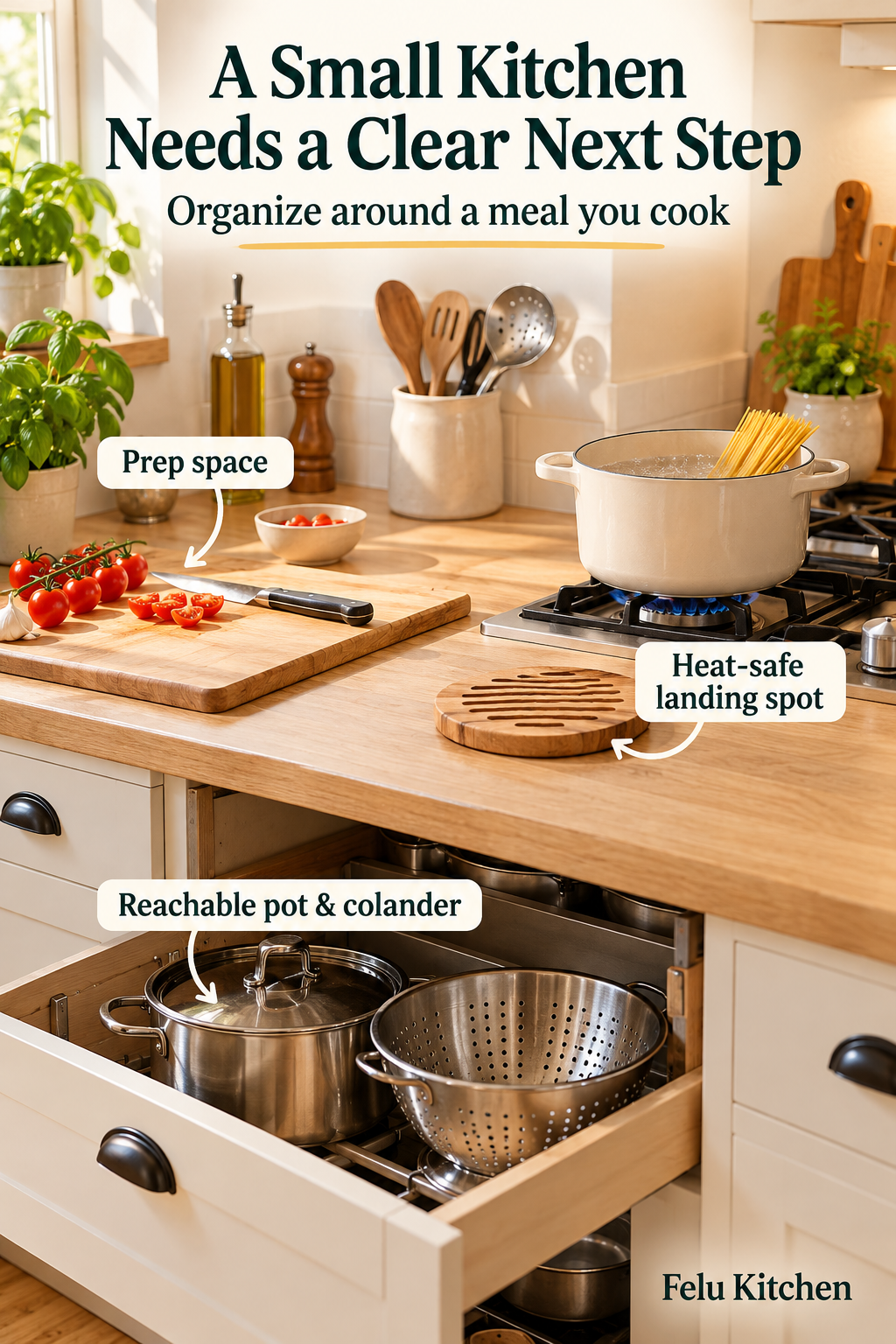 A compact kitchen shows a clear prep area, reachable pot and colander, and a separate heat-safe landing spot.