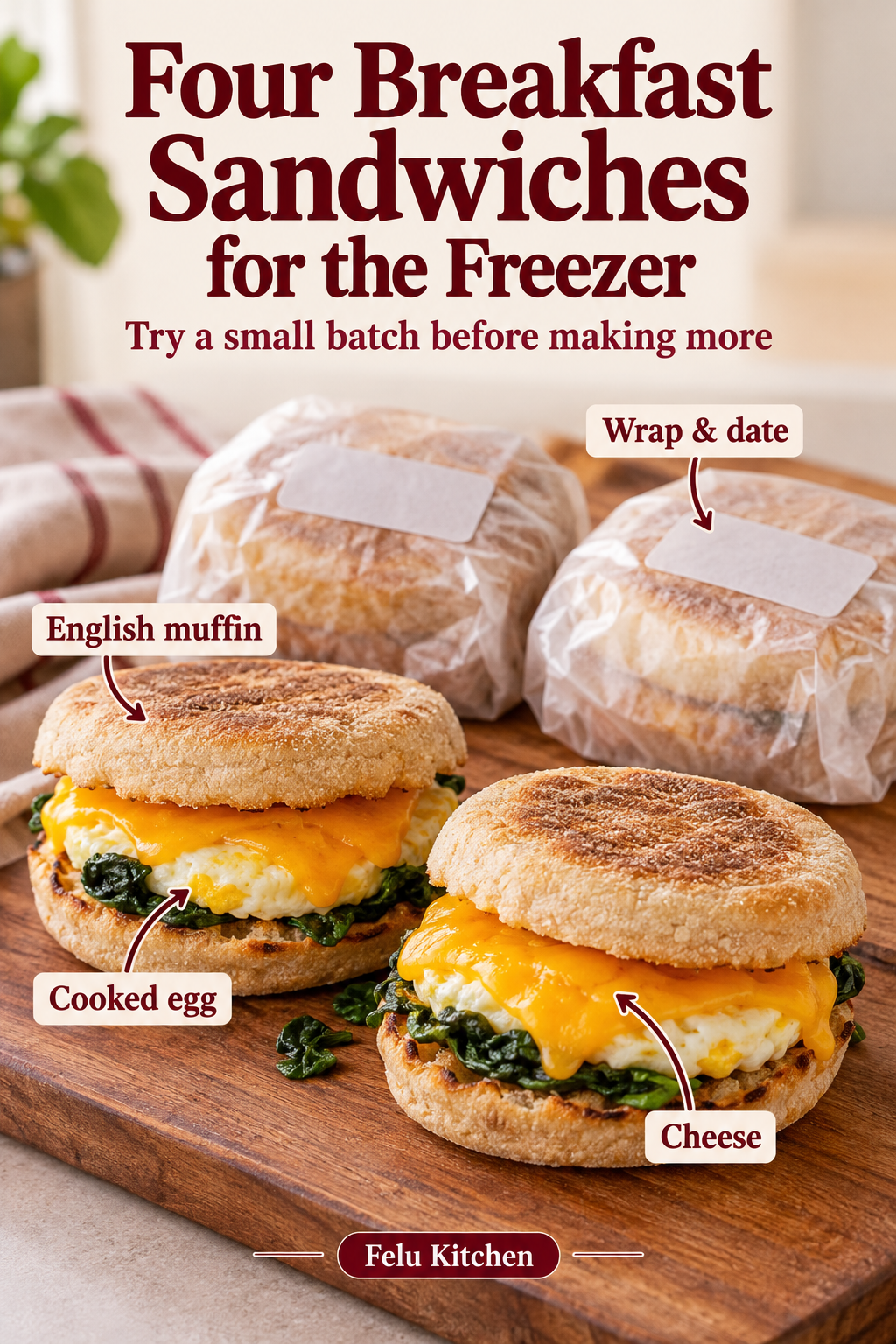 Four English muffin, cooked egg and cheese breakfast sandwiches are illustrated, with some open and some individually wrapped and dated.