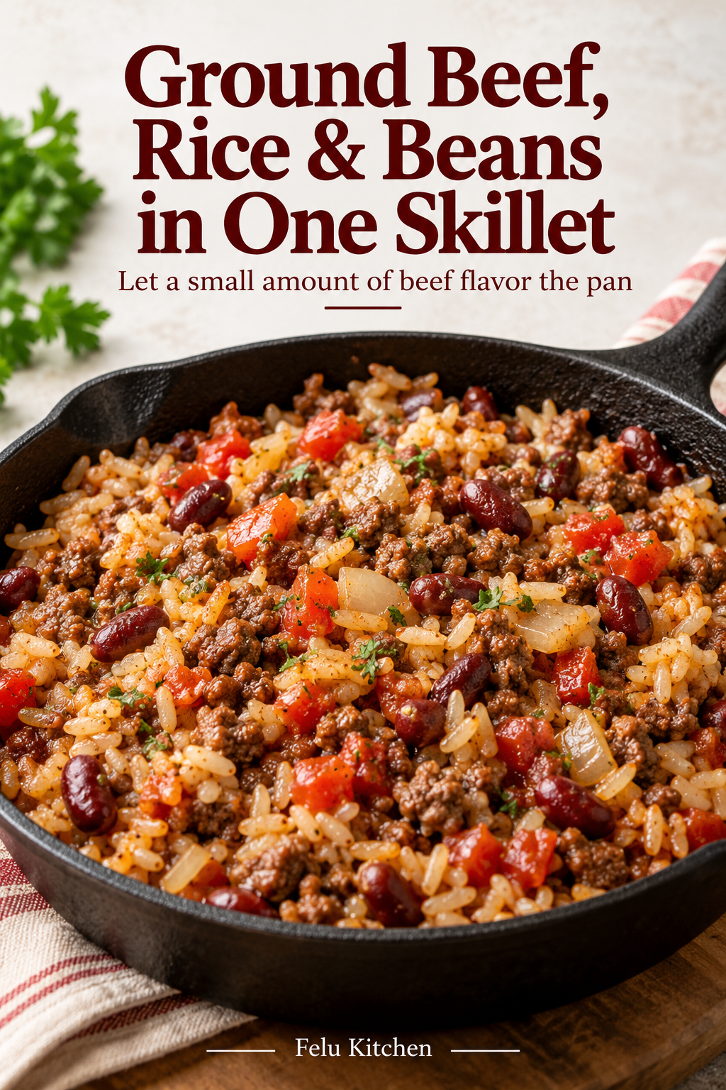 Generated illustration of a cooked ground beef, rice, bean, tomato and onion skillet under a heading about using a small amount of beef.