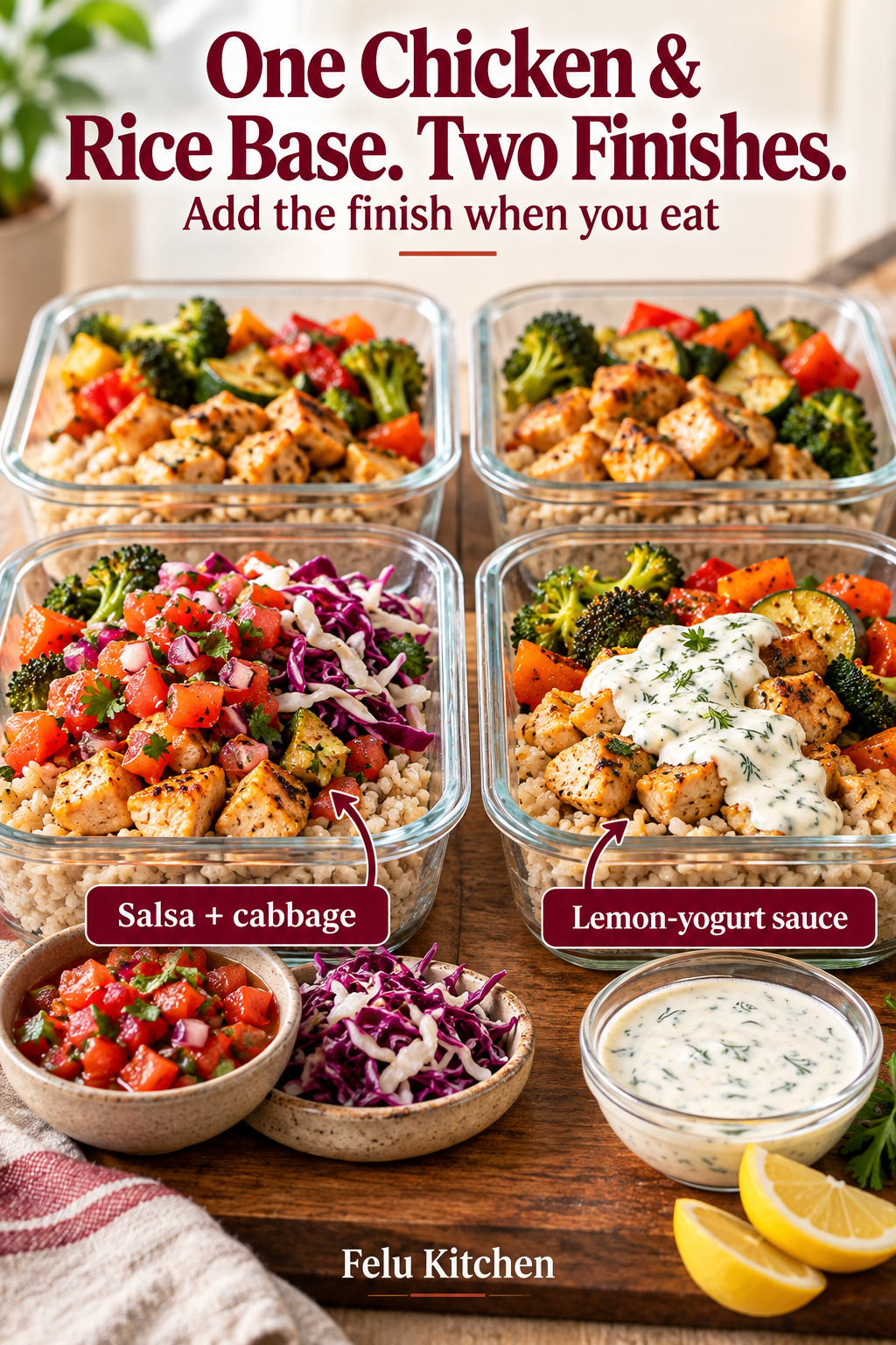 Chicken, rice and vegetable containers are paired with two separate finishes: salsa and cabbage, or lemon-yogurt sauce.
