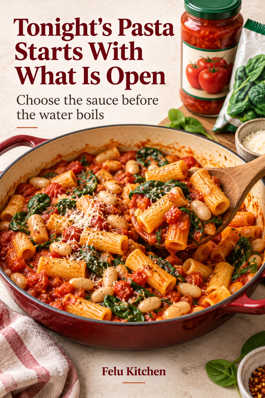 Short pasta with tomatoes, white beans and spinach is tossed in a pan beside a covered tomato container and frozen spinach.