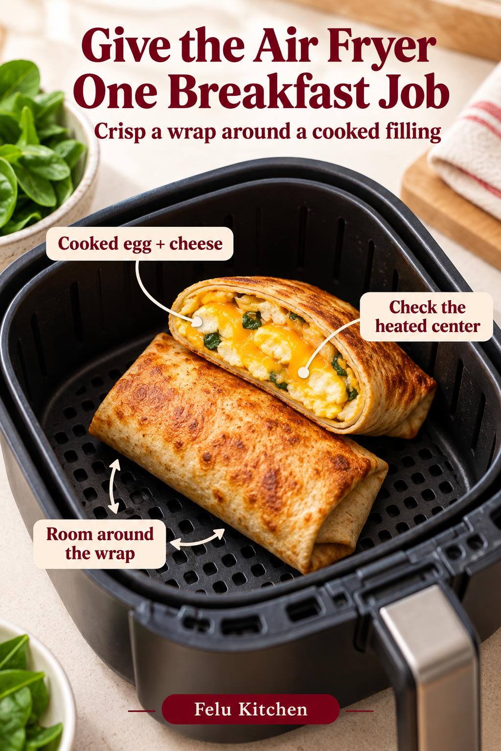 A crisp folded tortilla wrap with cooked egg and cheese sits in an air fryer basket with room around it and a heated-center check label.