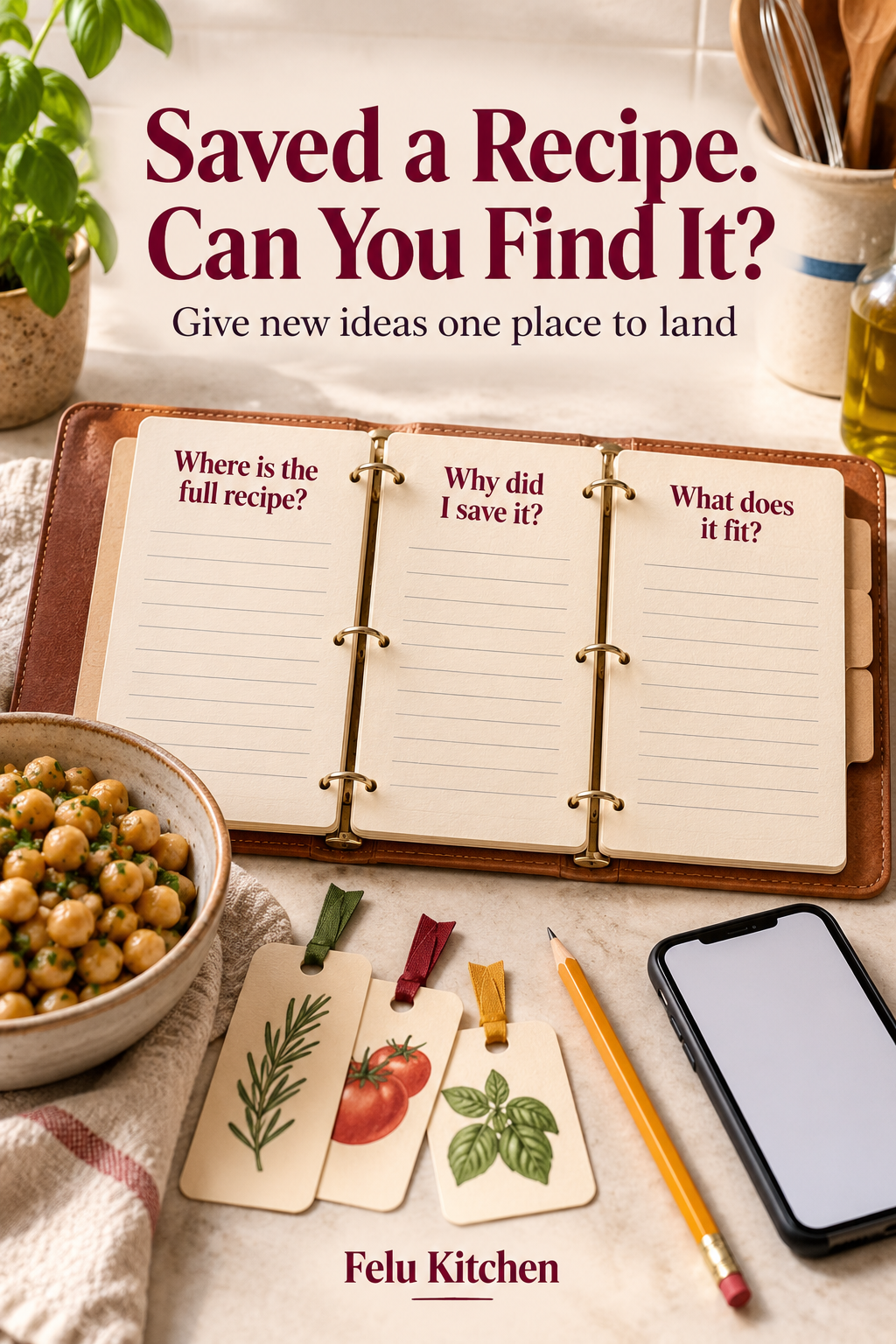 A recipe binder and bookmarks show prompts asking where the full recipe is, why it was saved and what it fits.