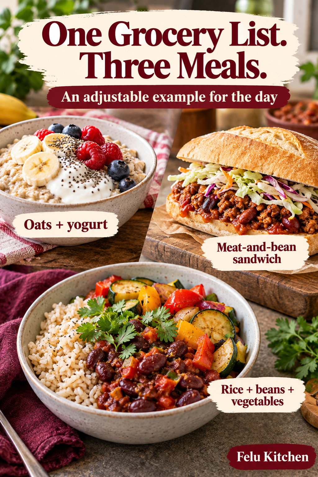 One example day is illustrated with oats and yogurt, a cooked meat-and-bean sandwich, and rice with beans and vegetables.
