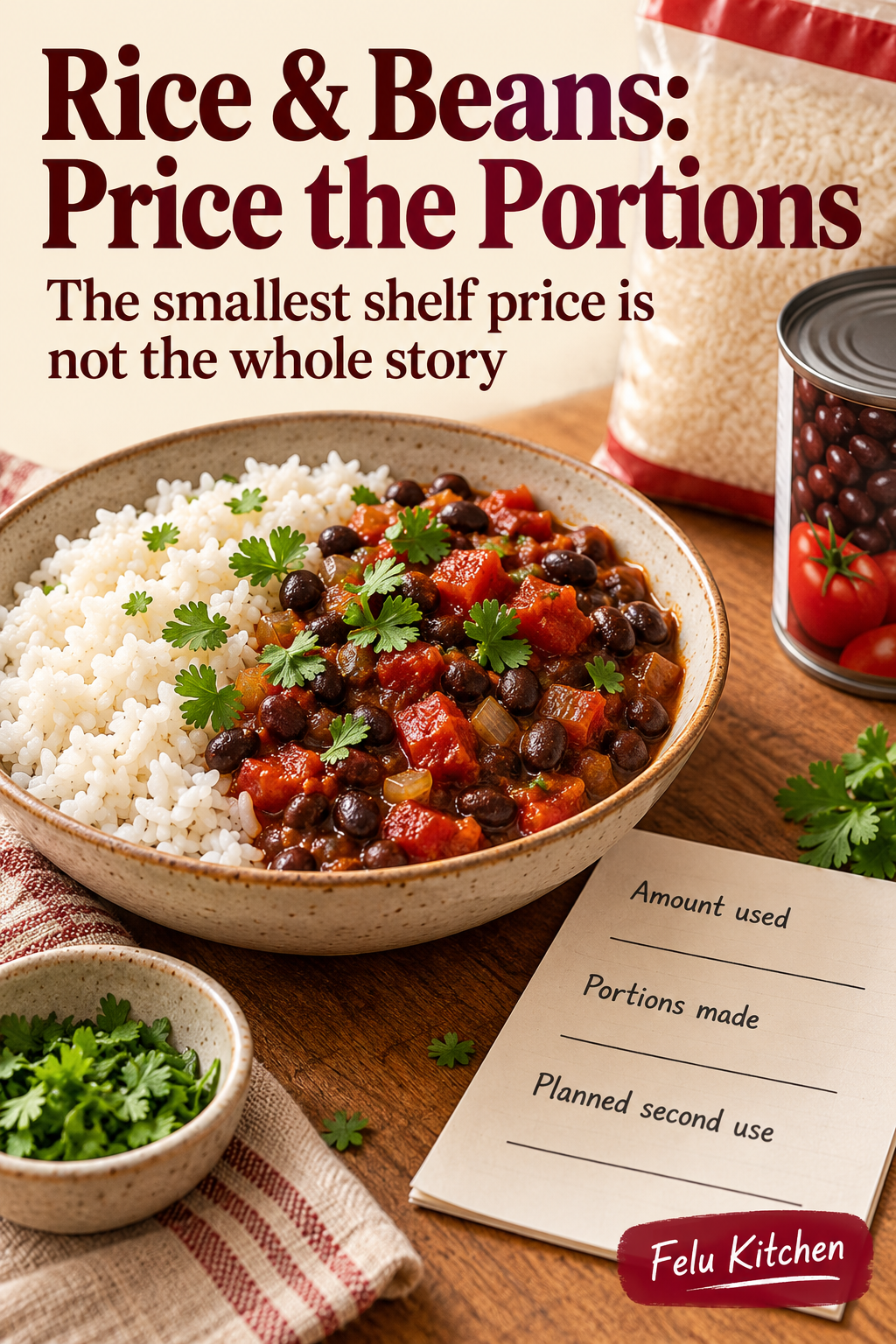 A rice-and-bean tomato bowl sits beside pantry packages and a note for amount used, portions made and planned second use.