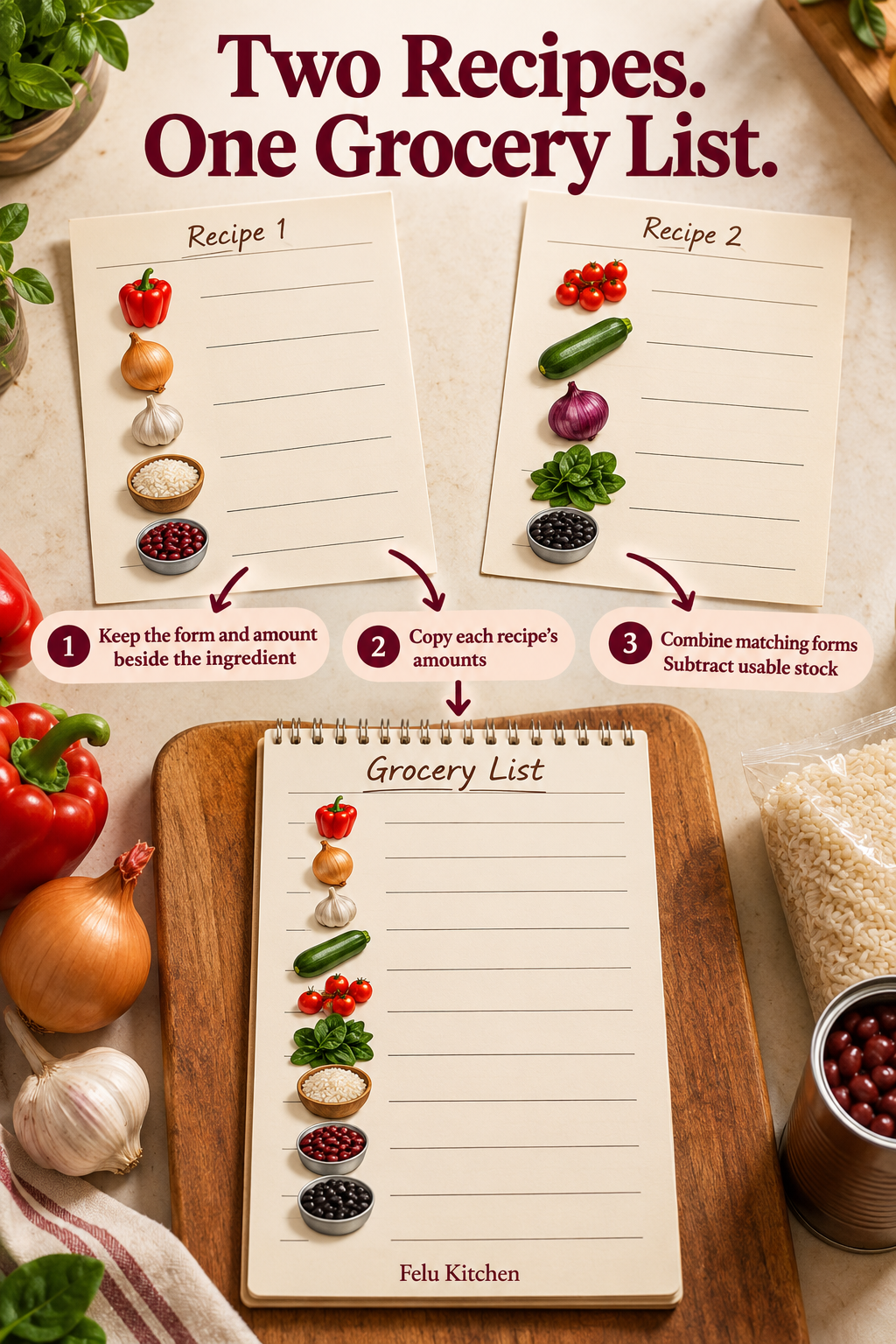 Two recipe ingredient pages connect to one grocery list with steps for copying amounts, combining matching forms and subtracting usable stock.