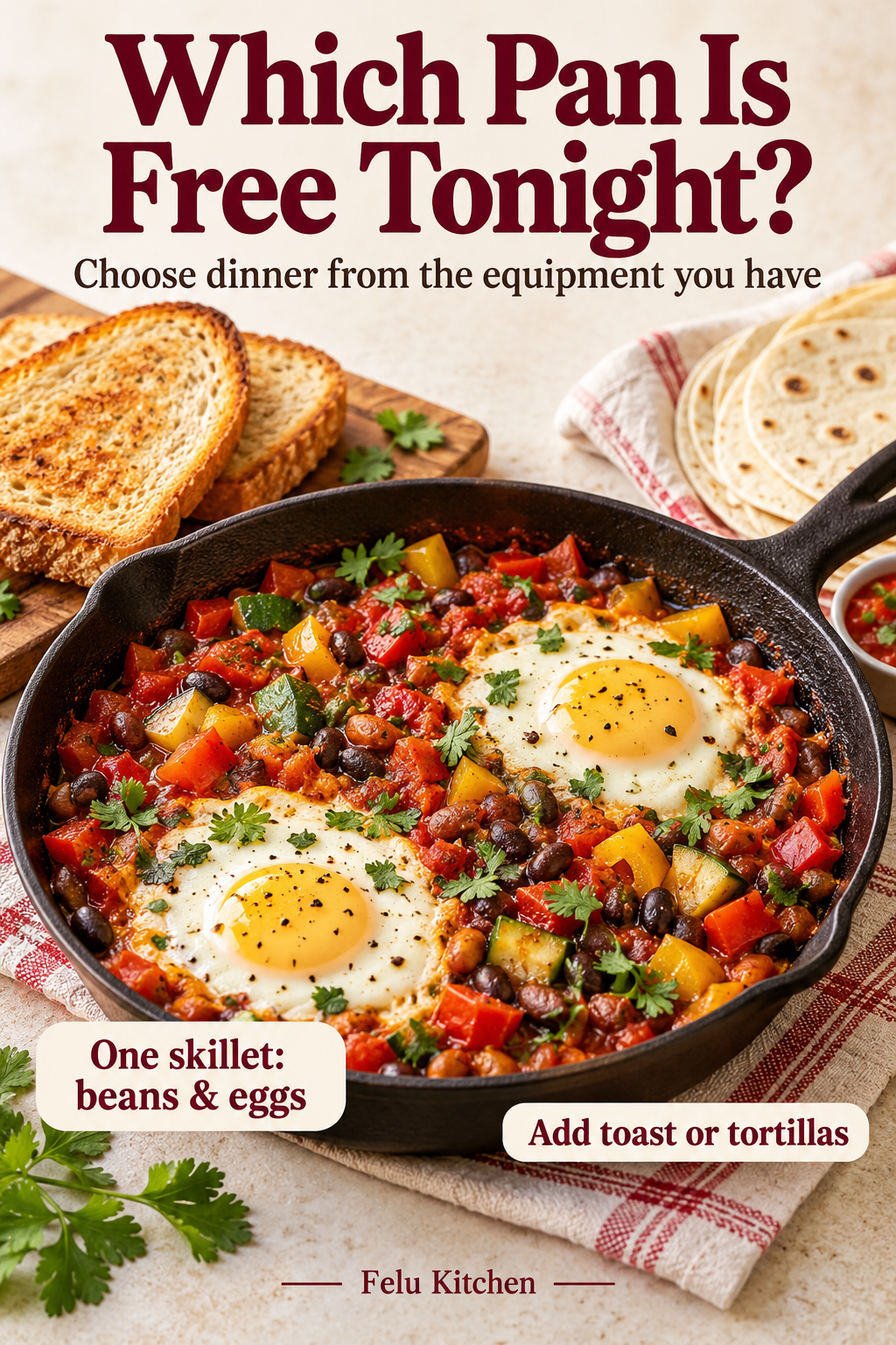A skillet of warmed beans, vegetables, salsa and fully cooked eggs is shown with toast or tortillas as a dinner chosen for available equipment.