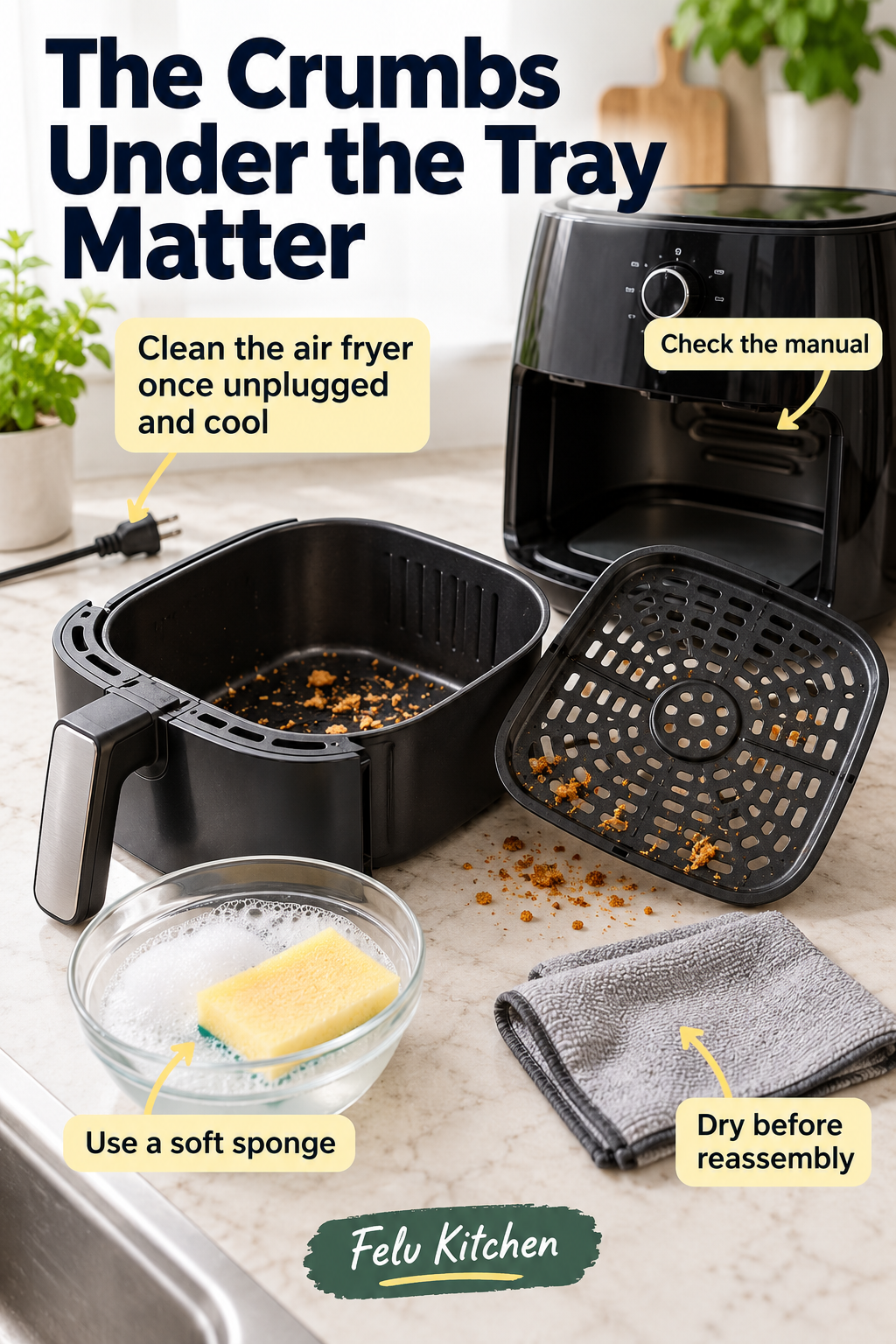 An unplugged air fryer drawer and removable tray reveal crumbs, beside a soft sponge and drying cloth; the heating unit remains dry.
