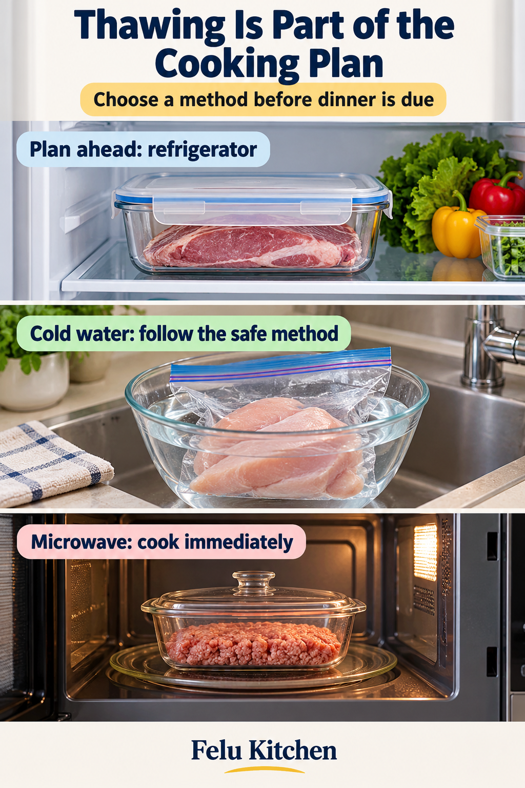 Three safe thawing routes are illustrated: food in a covered refrigerator dish, a leakproof bag in cold water and a microwave-safe dish.