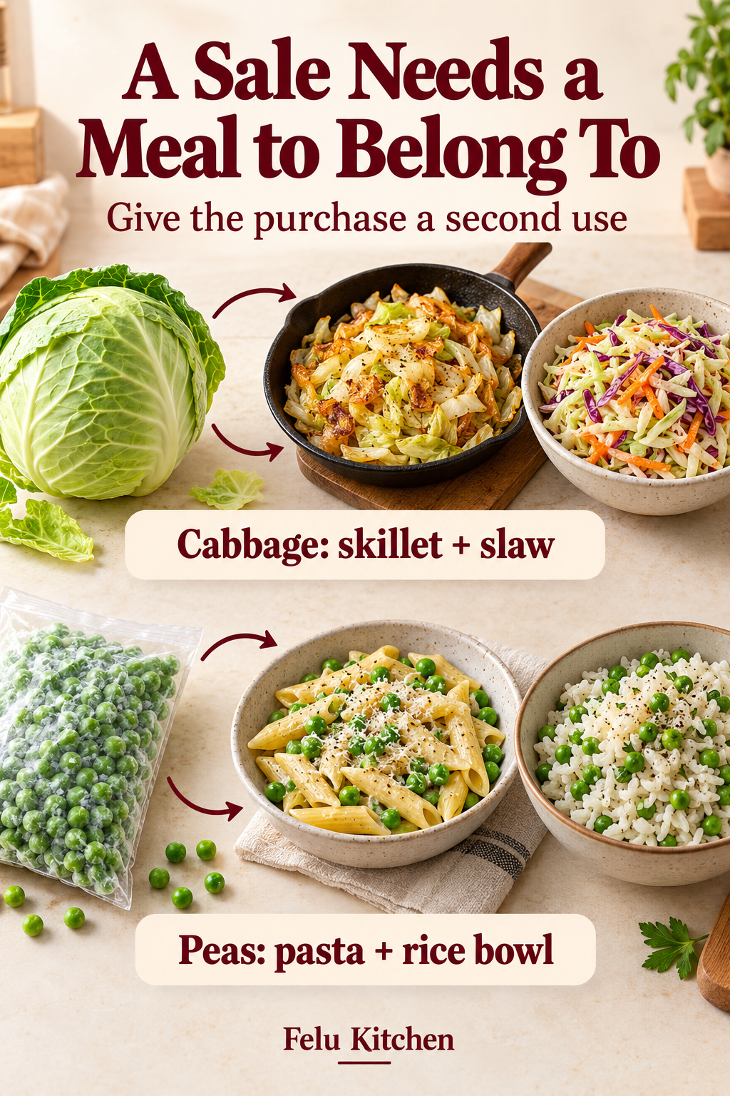 Separate arrows connect cabbage to a skillet and slaw, and frozen peas to pasta and a rice bowl, illustrating a purchase with two uses.