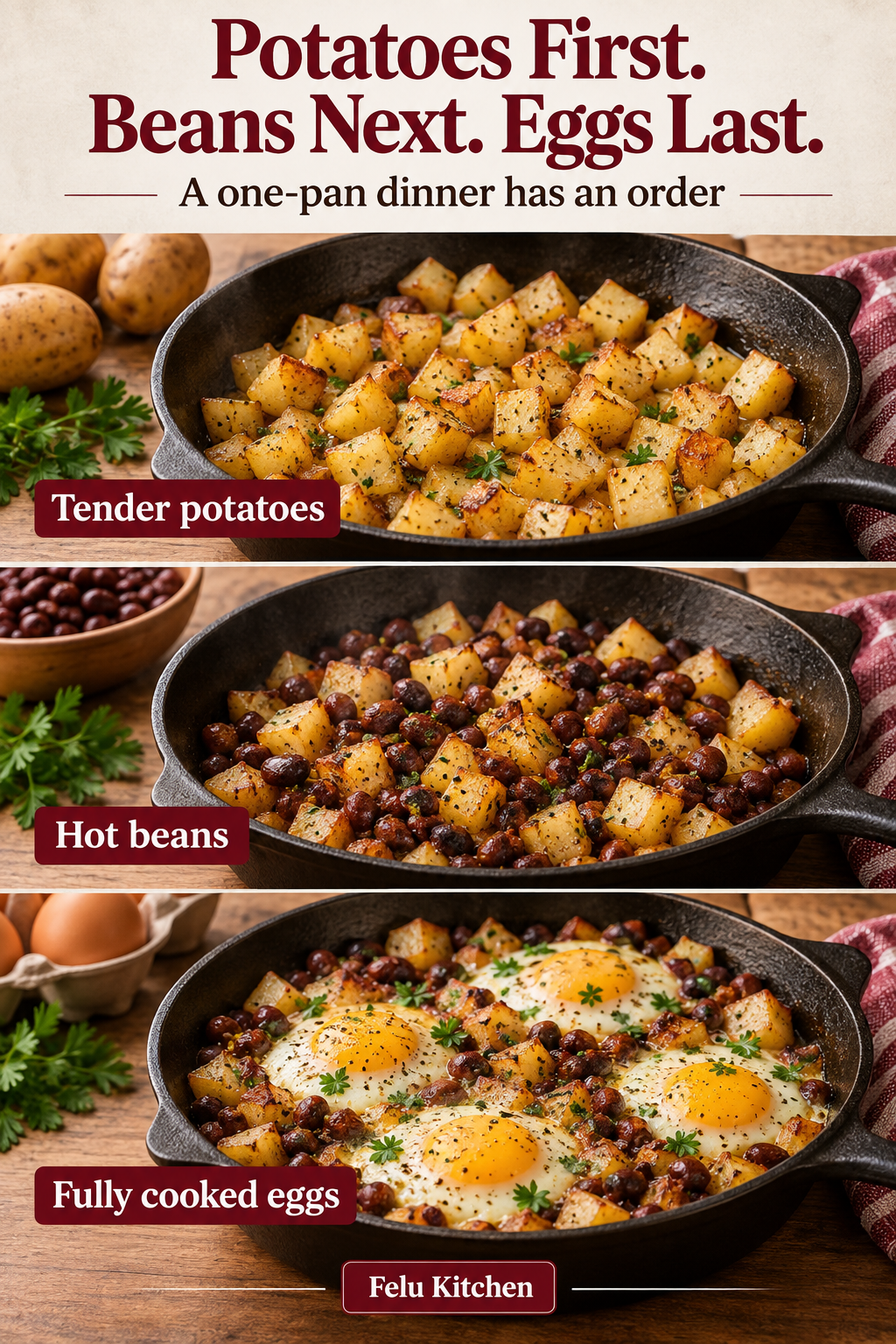Three skillet stages show tender potatoes, hot beans and fully cooked eggs in that order.