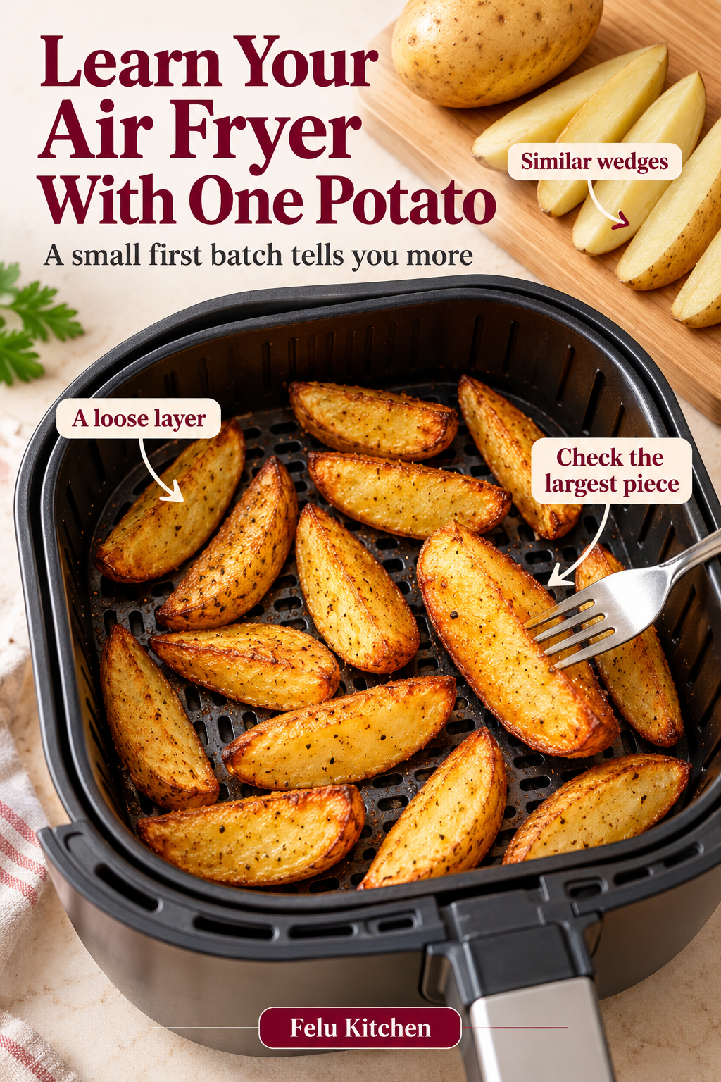 Potato wedges in an uncrowded air fryer basket are annotated for similar cuts, a loose layer and checking the largest piece for tenderness.