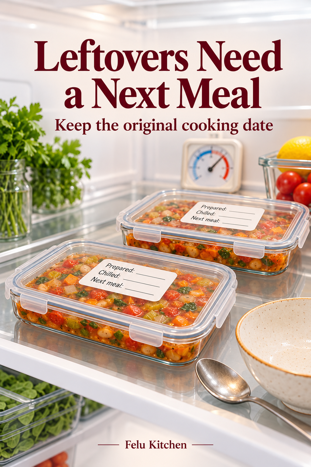Generated illustration of two covered shallow soup containers on a refrigerator shelf, each labeled Prepared, Chilled and Next meal beneath Leftovers Need a Next Meal.
